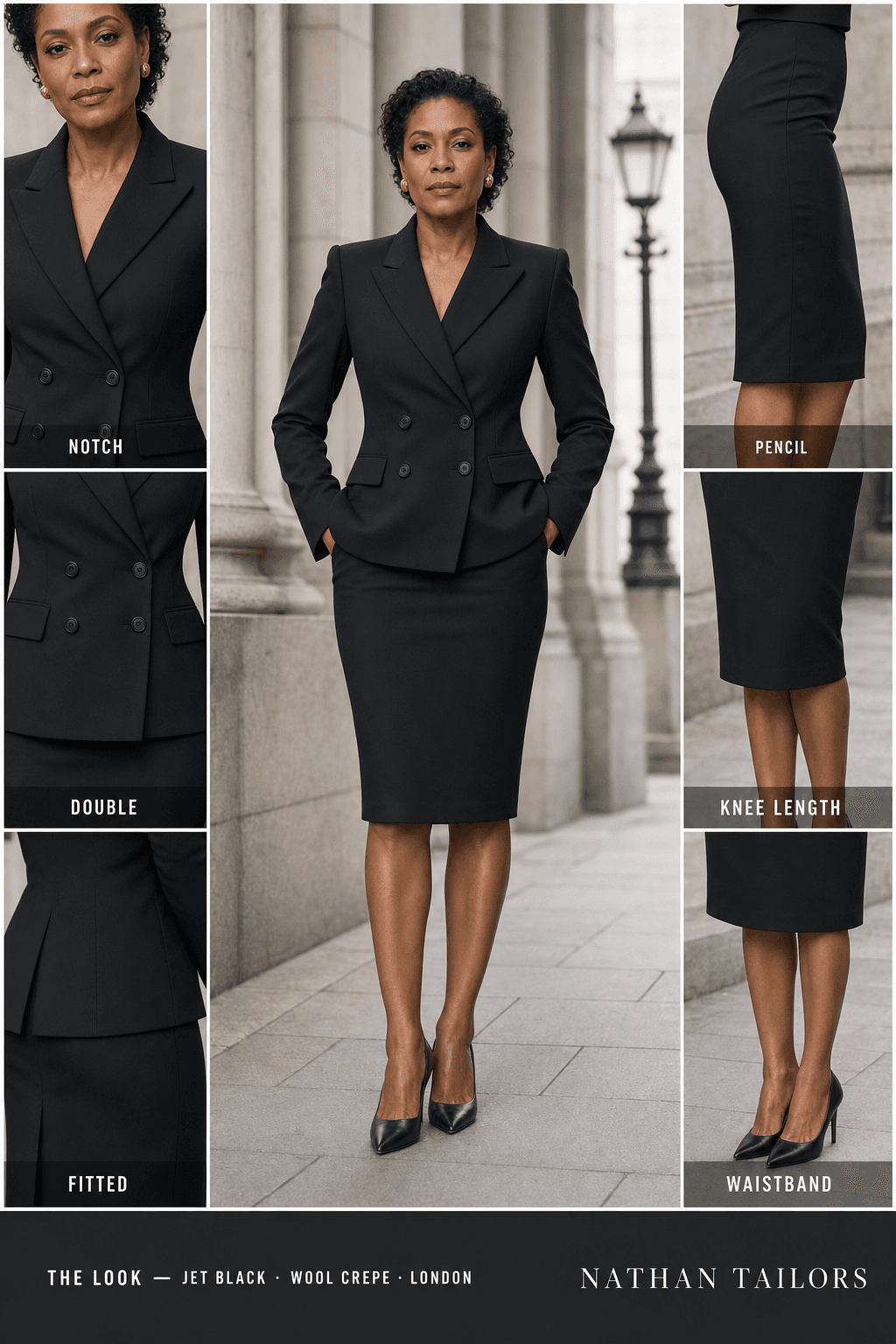 Women's suit in jet black — custom tailored by Nathan Tailors, made to measure for women