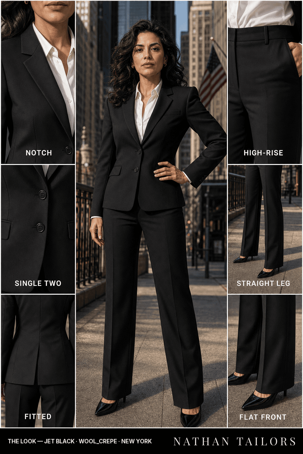 fitted women's pant suit in jet black — AI-rendered by Nathan Tailors, made to measure for women and shipped worldwide.
