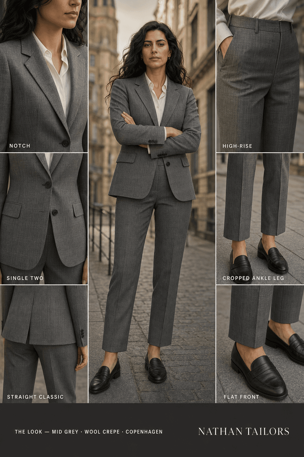 Women's suit in mid grey check_plaid — custom tailored by Nathan Tailors, shipped worldwide