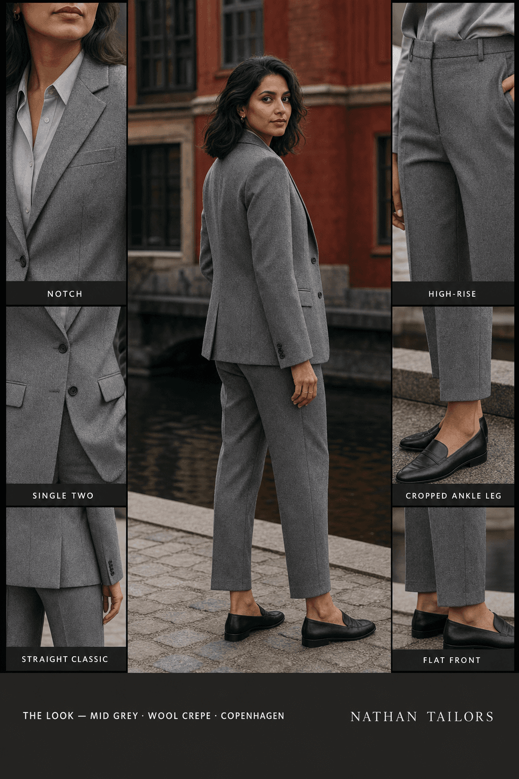 straight classic tweed texture women's pant suit in mid grey — AI-rendered by Nathan Tailors, made to measure for women and shipped worldwide.