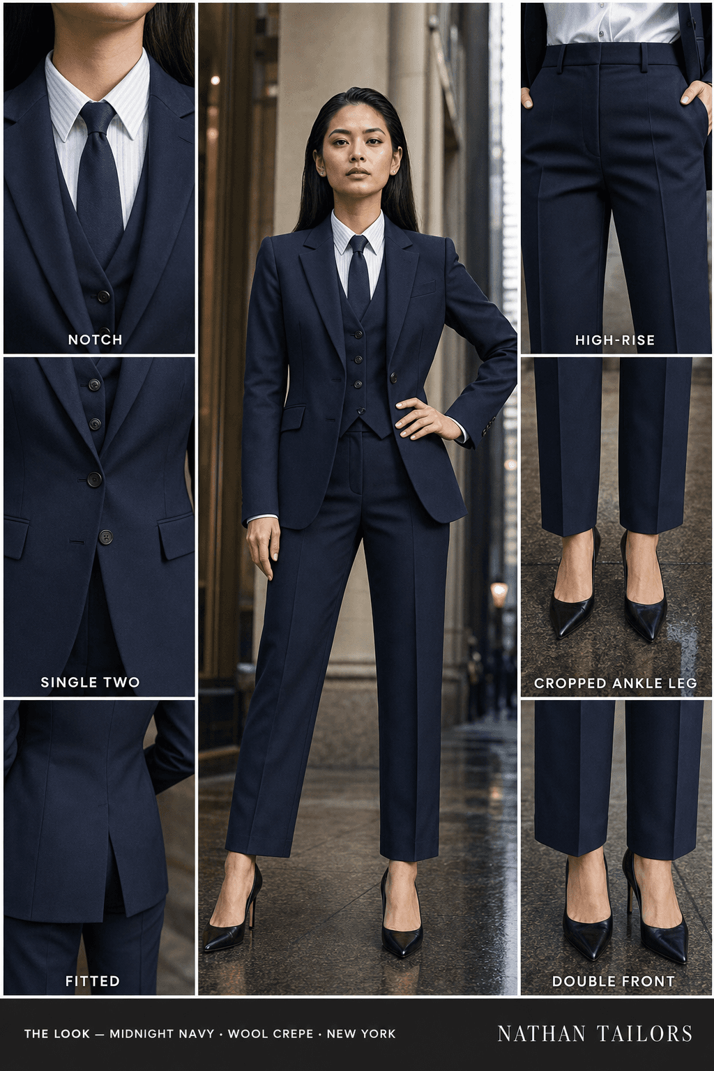 fitted women's pant suit in midnight navy — AI-rendered by Nathan Tailors, made to measure for women and shipped worldwide.