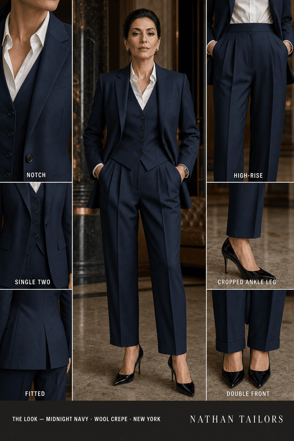 Women's suit in midnight navy — custom tailored by Nathan Tailors, shipped worldwide