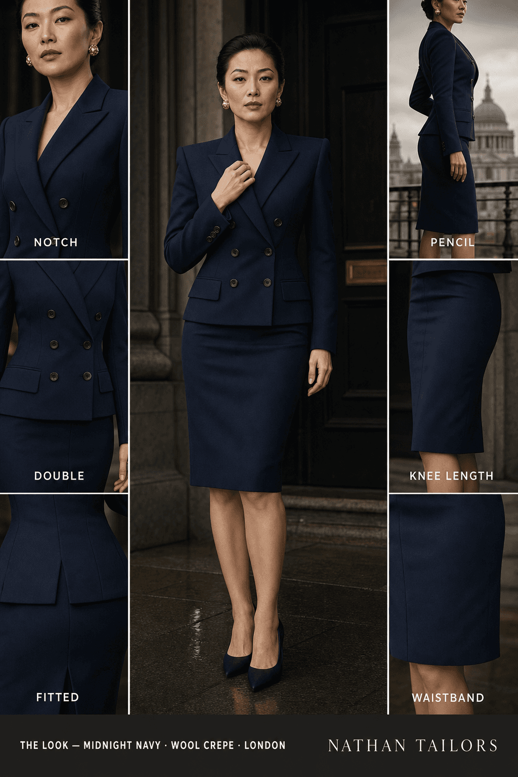 Women's suit in midnight navy — custom tailored by Nathan Tailors, shipped worldwide