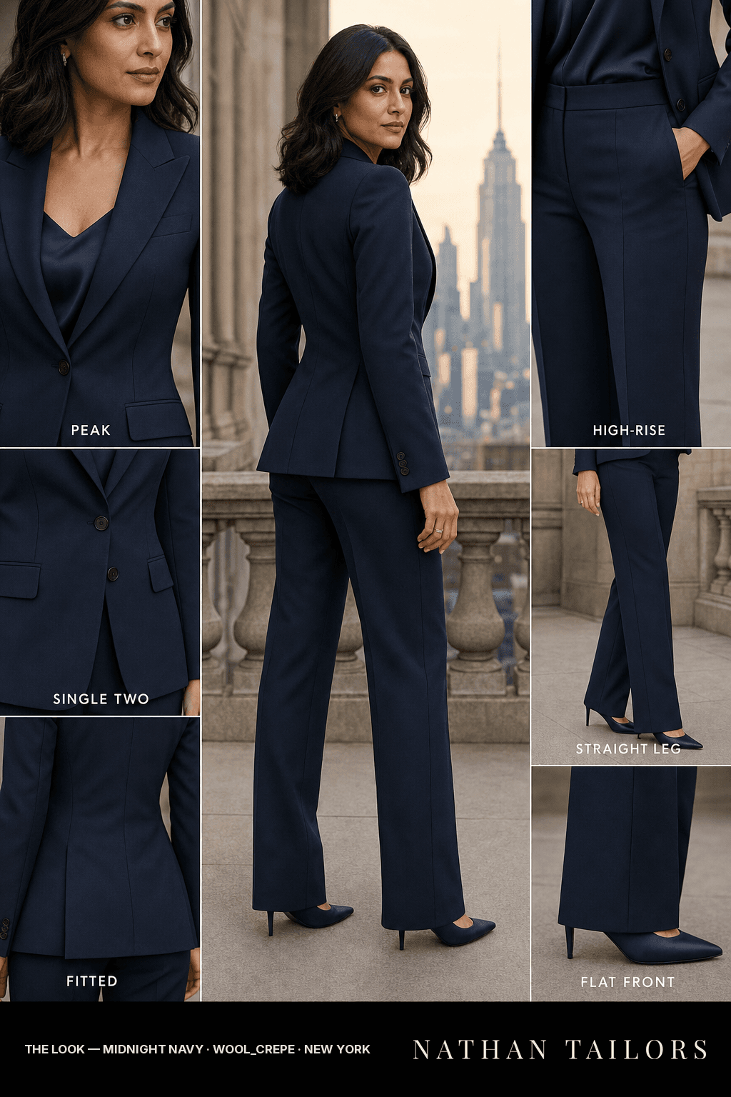 Women's suit in midnight navy — custom tailored by Nathan Tailors, shipped worldwide