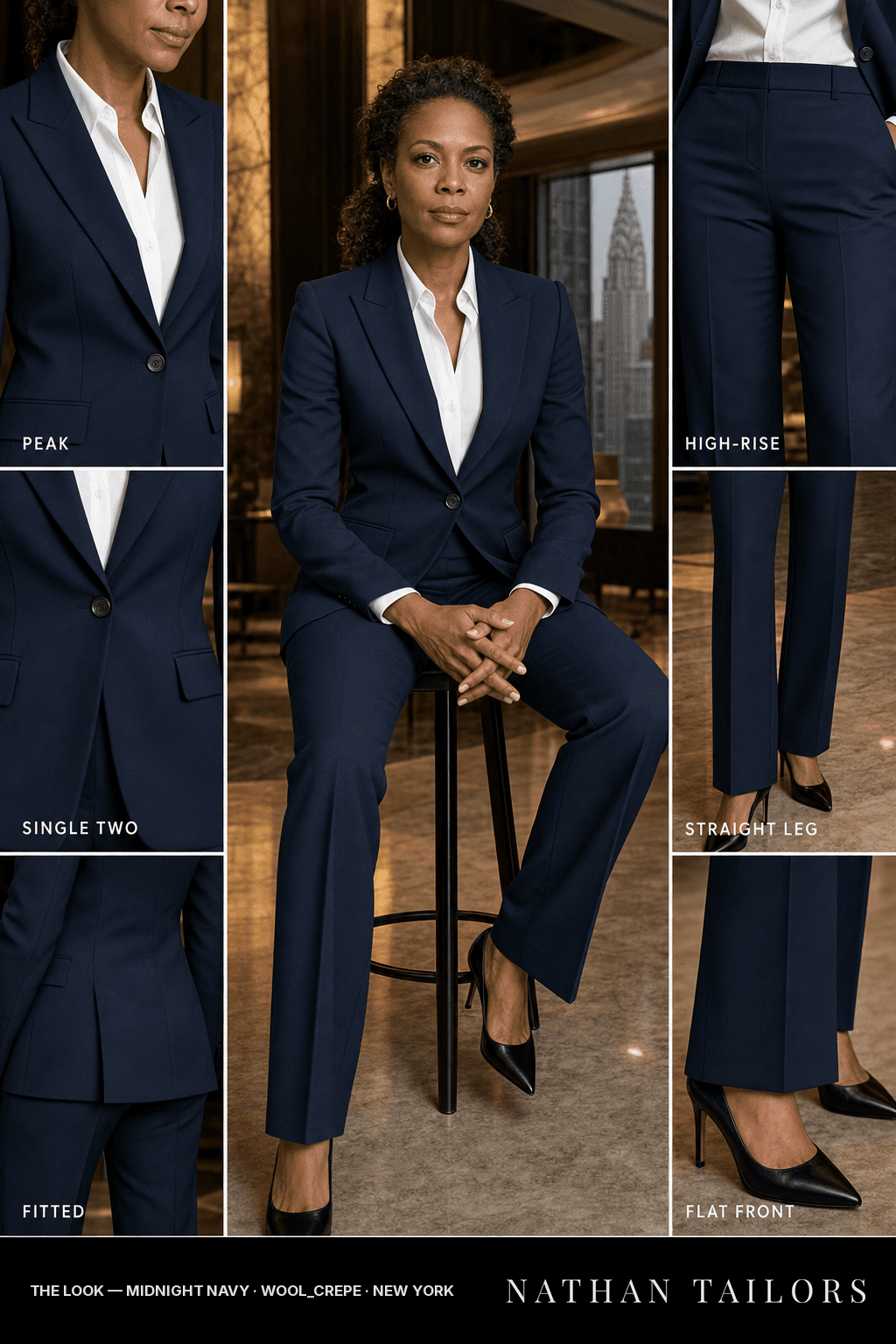 fitted women's pant suit in midnight navy — AI-rendered by Nathan Tailors, made to measure for women and shipped worldwide.