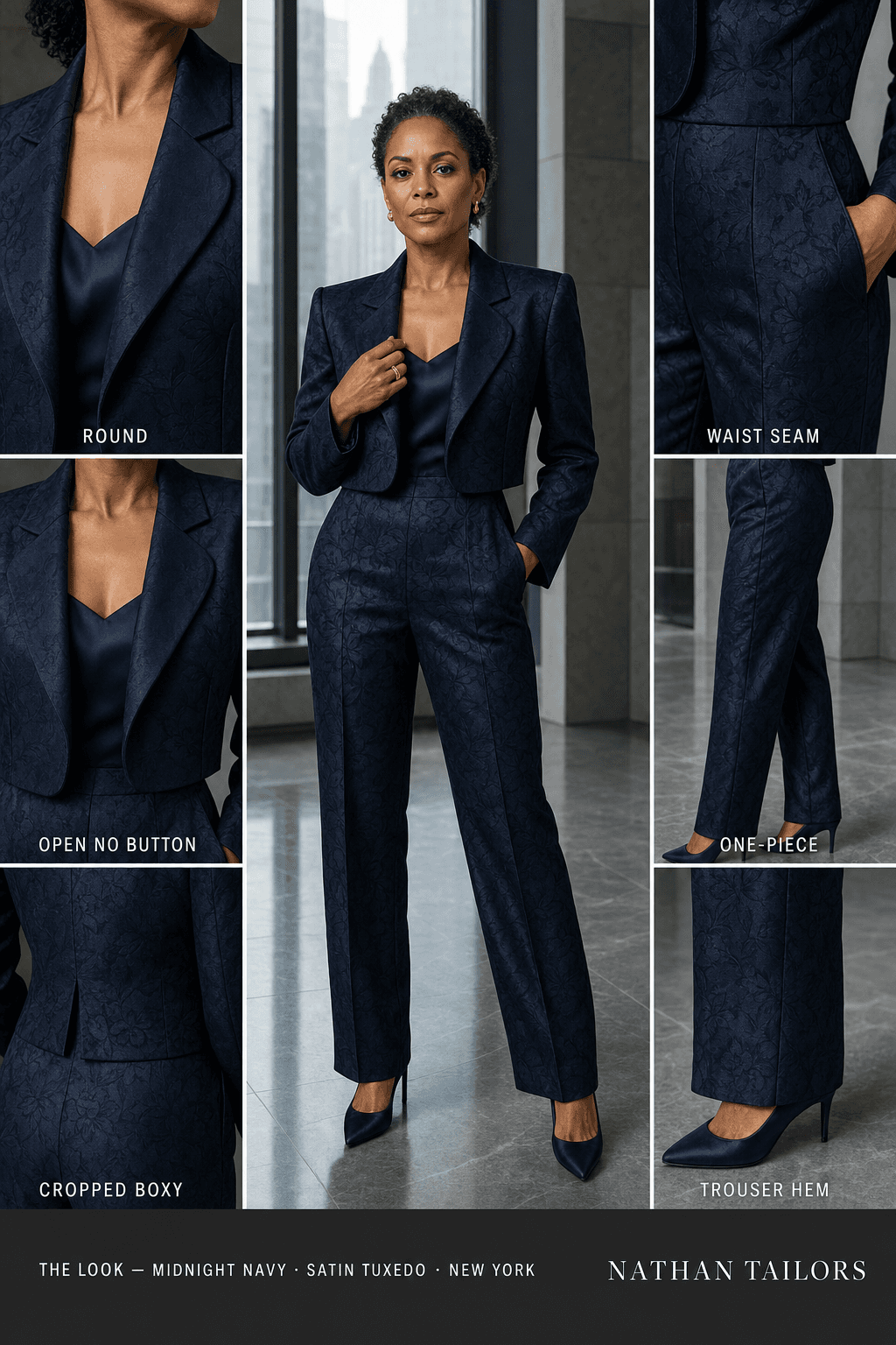Women's suit in midnight navy floral_jacquard — custom tailored by Nathan Tailors, shipped worldwide
