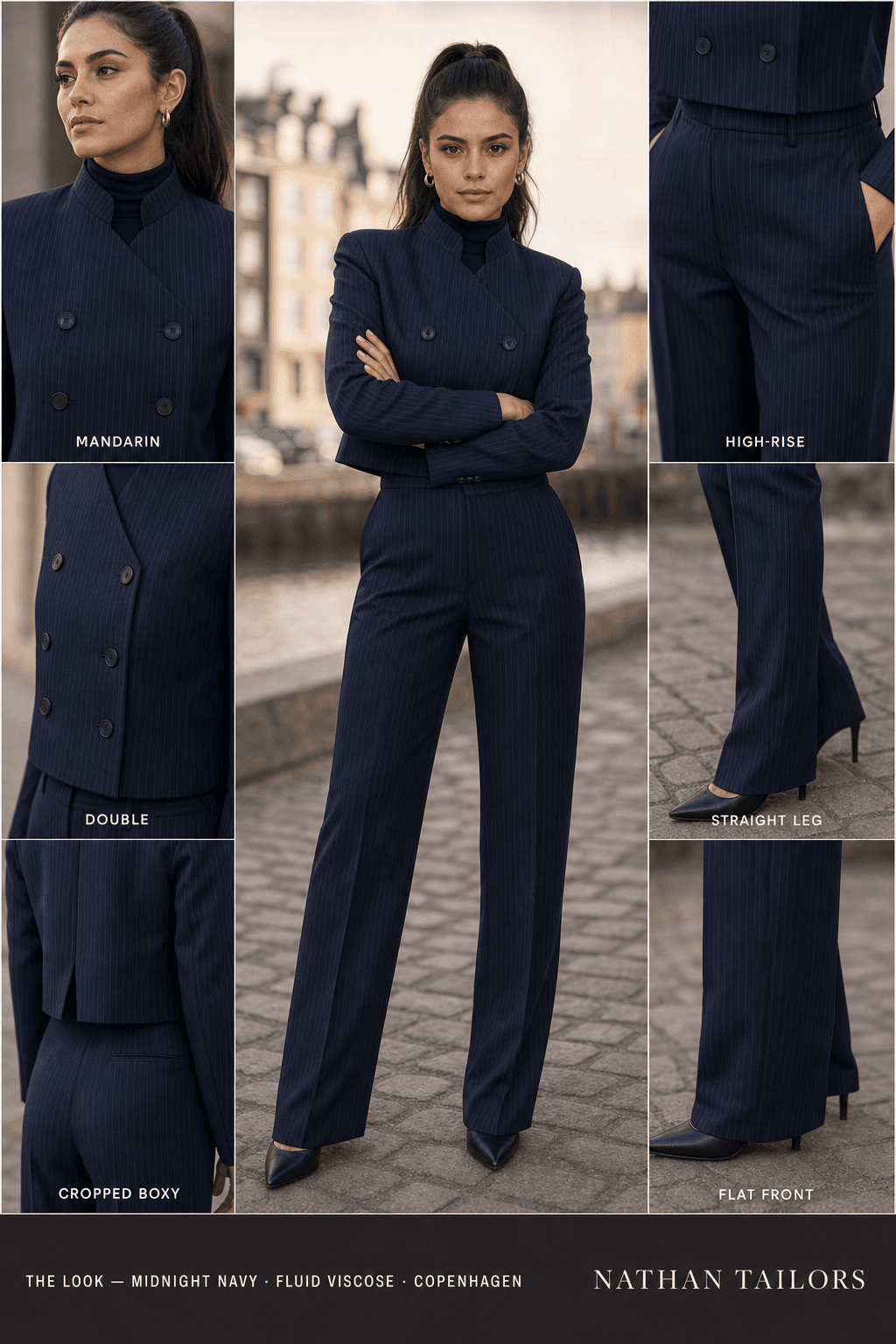 cropped boxy pinstripe women's pant suit in midnight navy — AI-rendered by Nathan Tailors, made to measure for women and shipped worldwide.