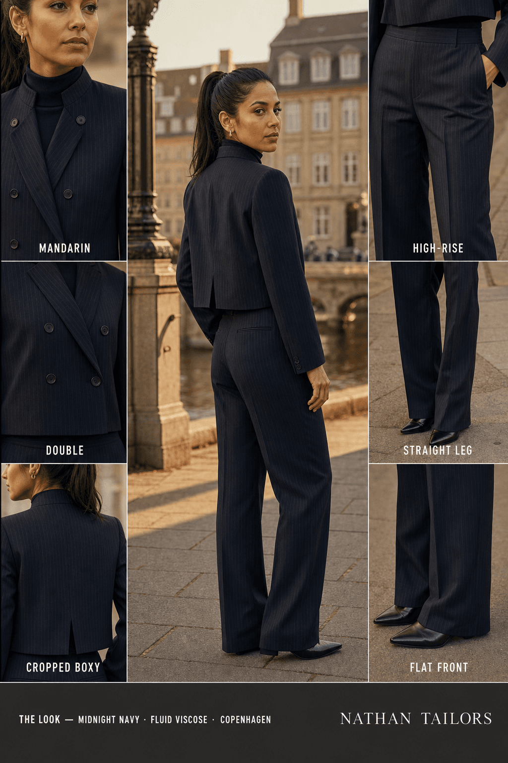 Women's suit in midnight navy pinstripe — custom tailored by Nathan Tailors, shipped worldwide
