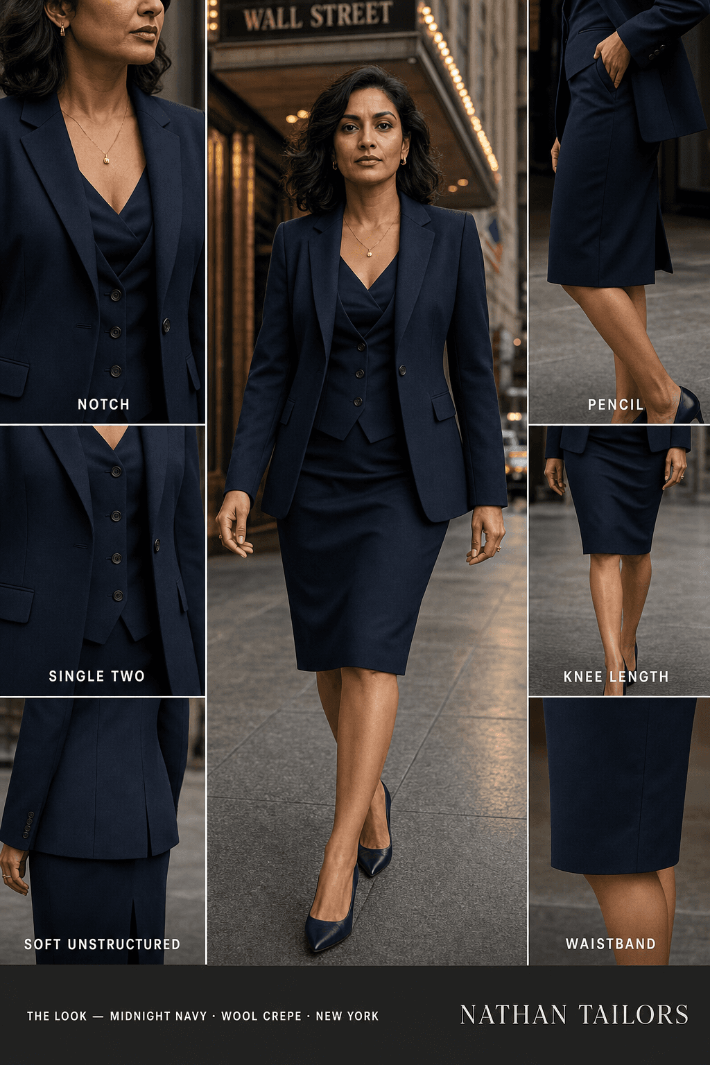 soft unstructured women's skirt suit in midnight navy — AI-rendered by Nathan Tailors, made to measure for women and shipped worldwide.