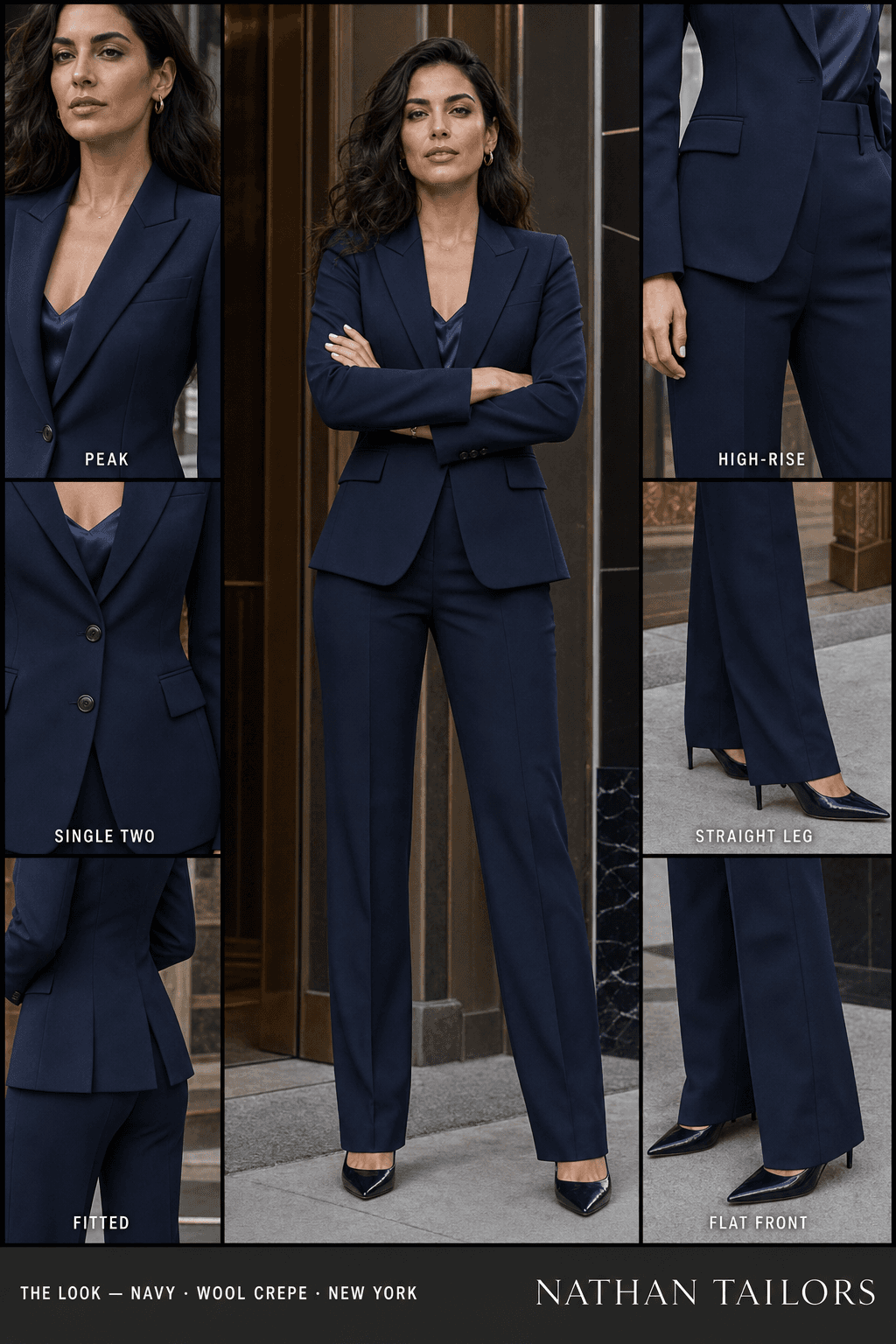 Women's suit in navy — custom tailored by Nathan Tailors, shipped worldwide