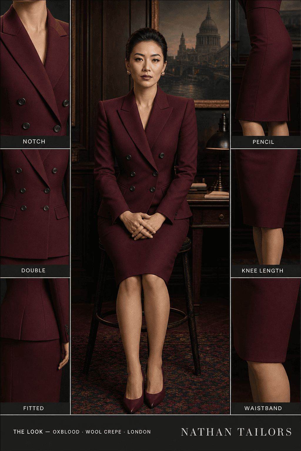 Women's suit in oxblood — custom tailored by Nathan Tailors, shipped worldwide