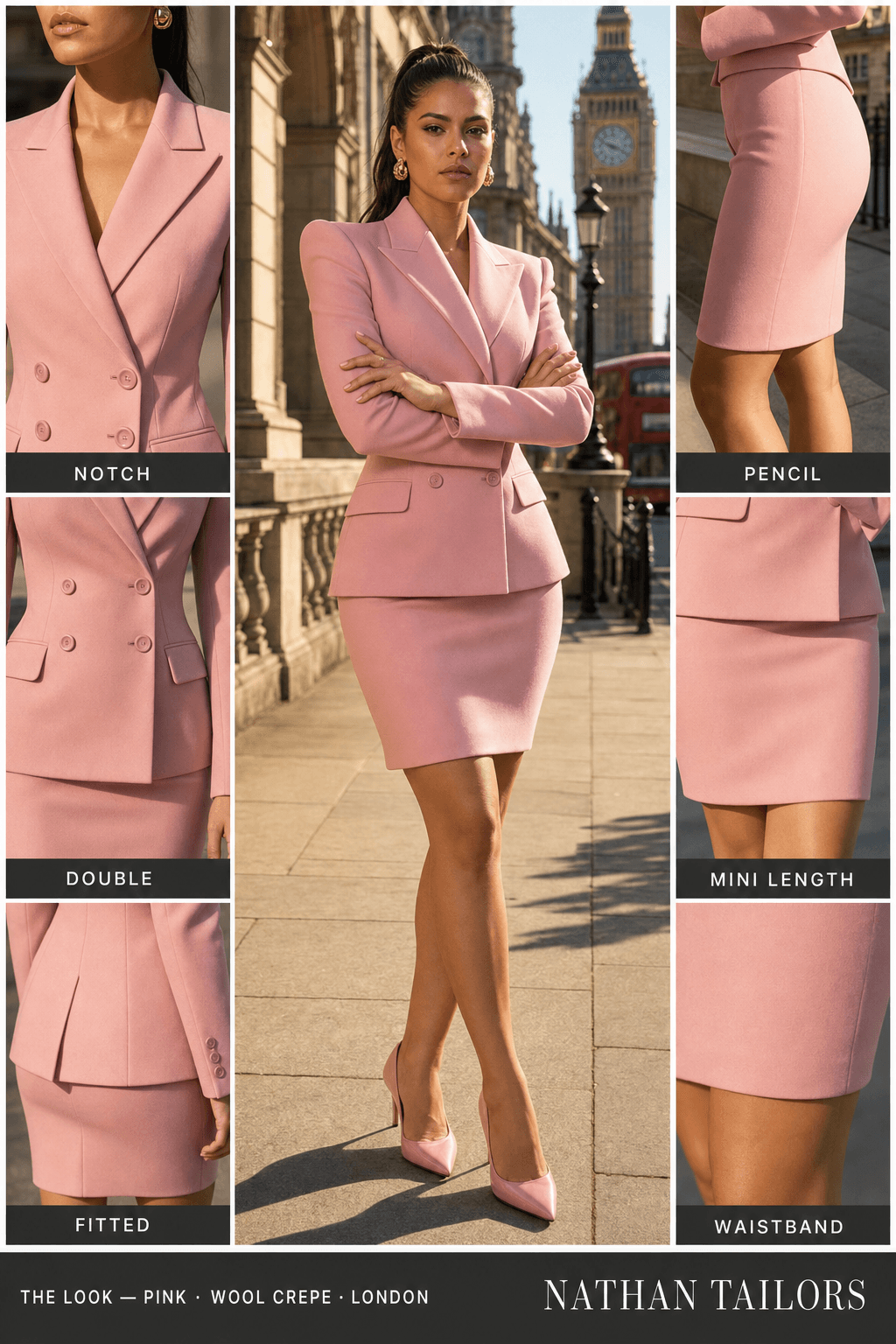 fitted women's skirt suit in pink — AI-rendered by Nathan Tailors, made to measure for women and shipped worldwide.