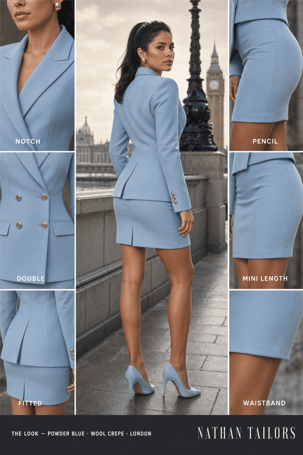 Women's suit in powder blue — custom tailored by Nathan Tailors, shipped worldwide