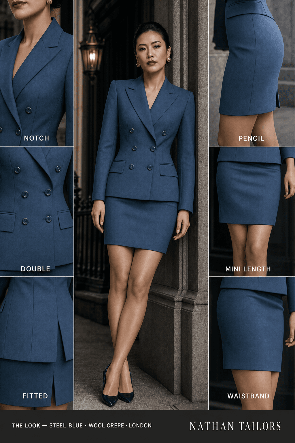 fitted women's skirt suit in steel blue — AI-rendered by Nathan Tailors, made to measure for women and shipped worldwide.