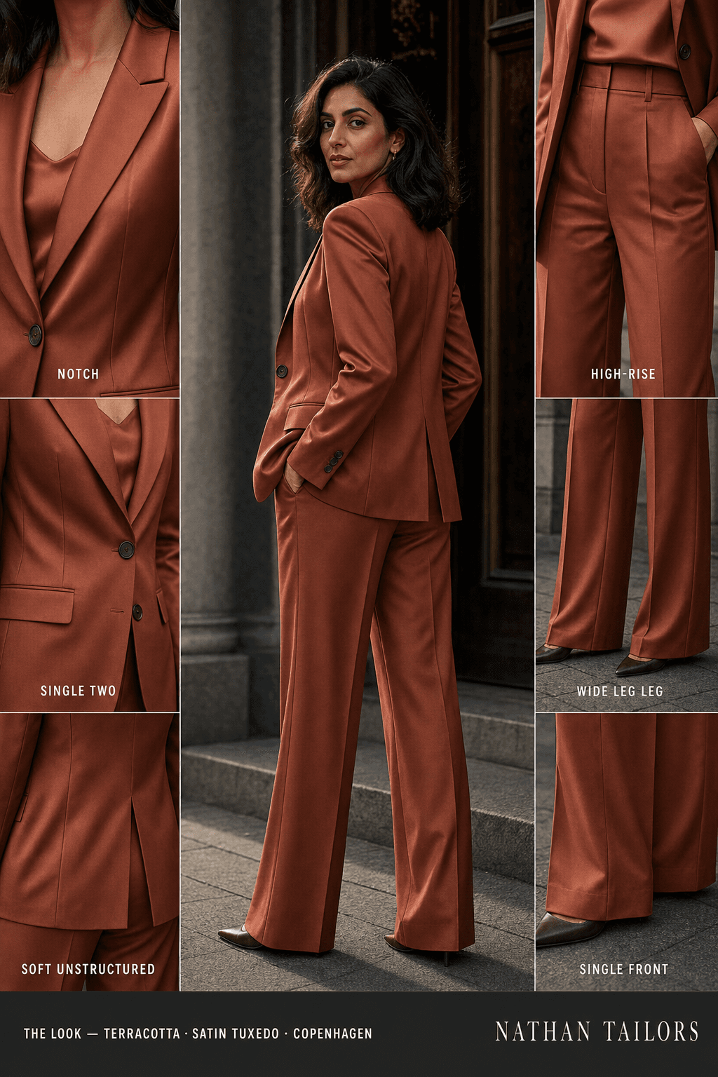 Women's suit in terracotta — custom tailored by Nathan Tailors, shipped worldwide