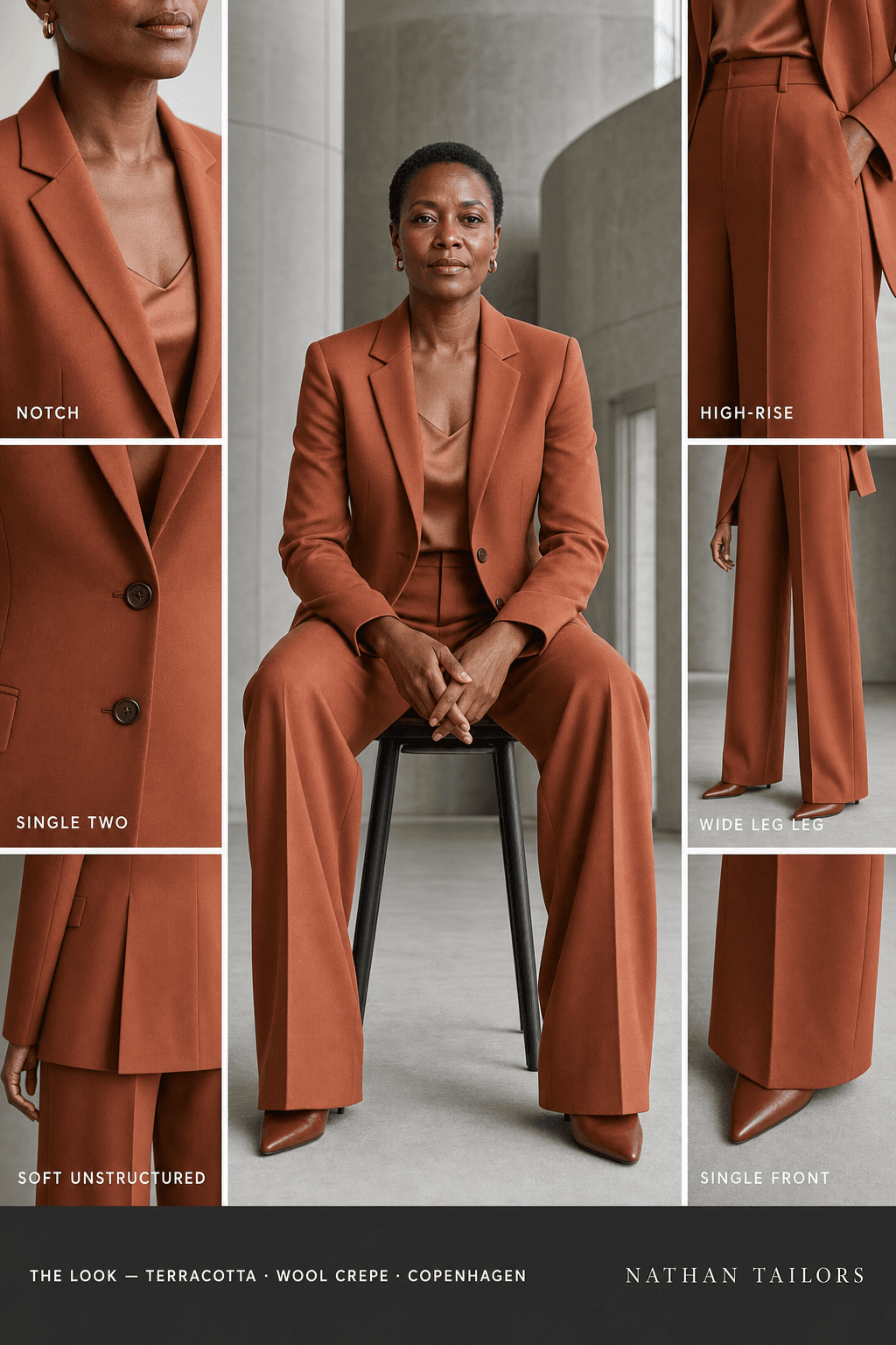 soft unstructured women's pant suit in terracotta — AI-rendered by Nathan Tailors, made to measure for women and shipped worldwide.