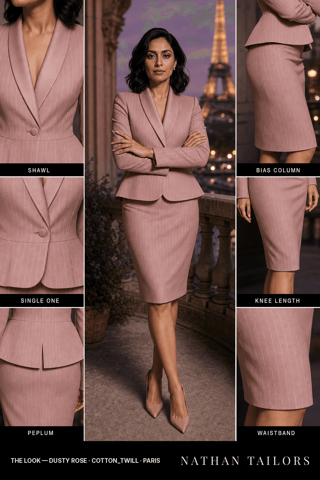 Women's suit in dusty rose pinstripe — custom tailored by Nathan Tailors, shipped worldwide