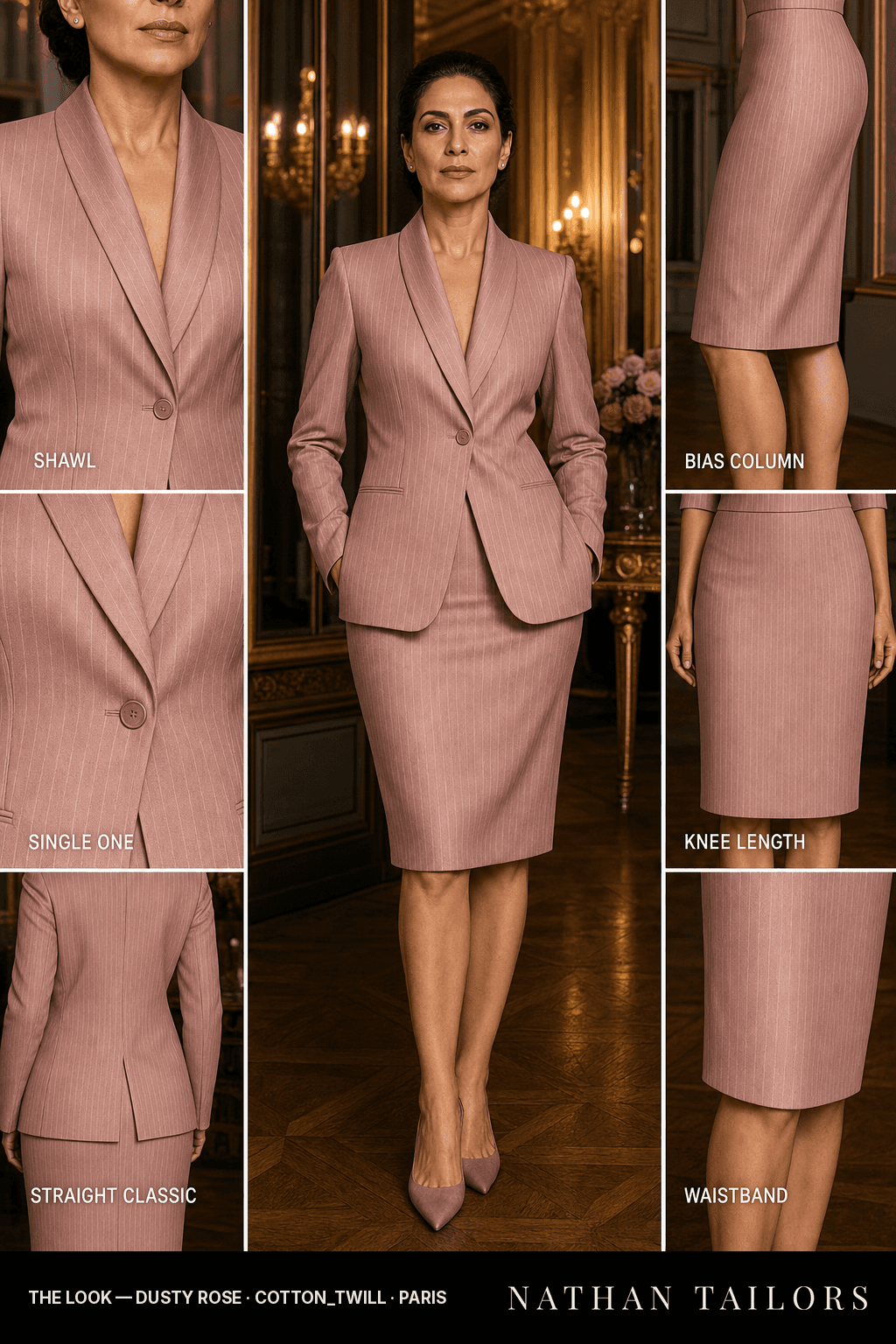 Women's suit in dusty rose pinstripe — custom tailored by Nathan Tailors, shipped worldwide