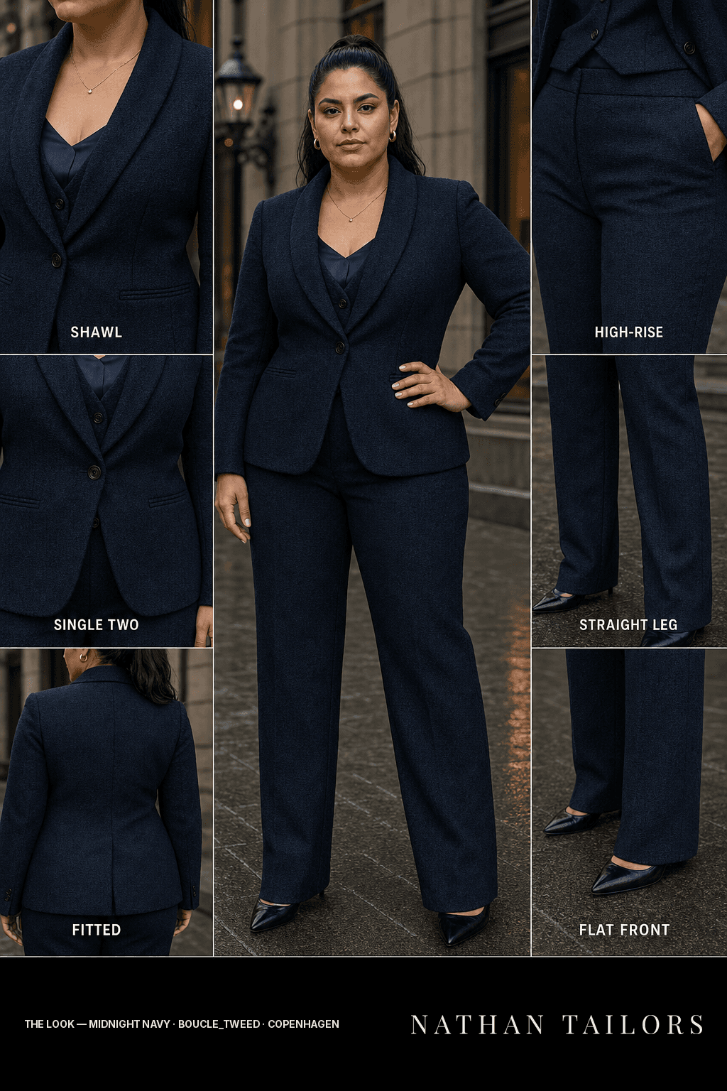 Women's suit in midnight navy — custom tailored by Nathan Tailors, shipped worldwide