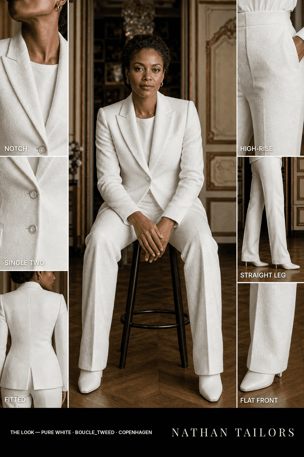 fitted women's pant suit in pure white — AI-rendered by Nathan Tailors, made to measure for women and shipped worldwide.