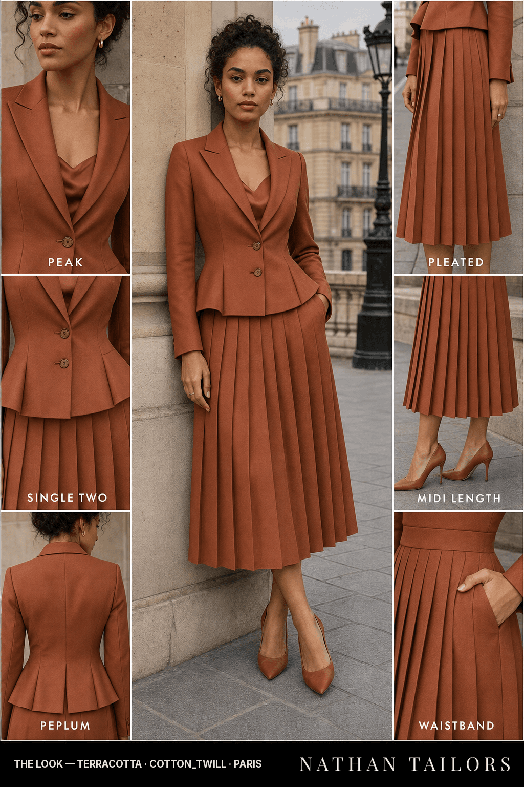 Women's suit in terracotta — custom tailored by Nathan Tailors, shipped worldwide