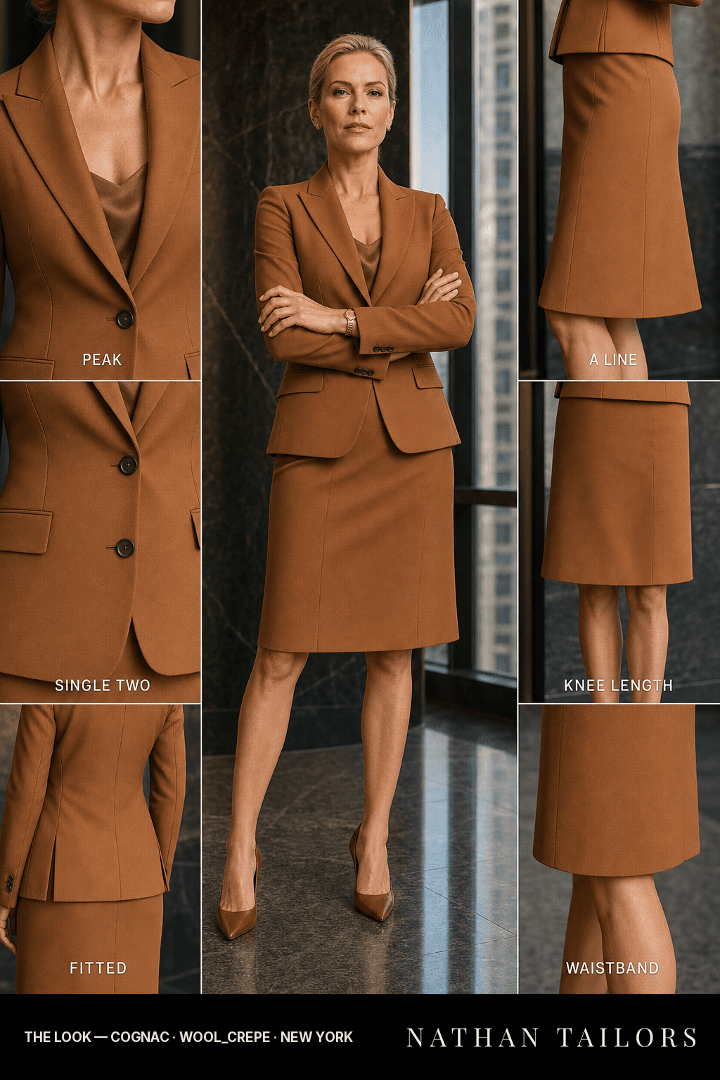 Women's suit in cognac — custom tailored by Nathan Tailors, shipped worldwide
