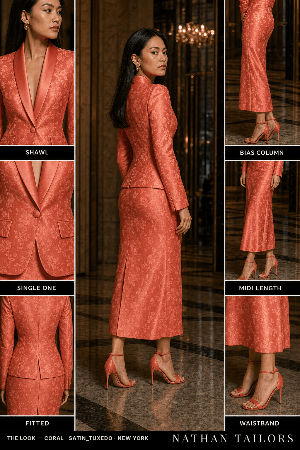 Women's suit in coral floral_jacquard — custom tailored by Nathan Tailors, shipped worldwide