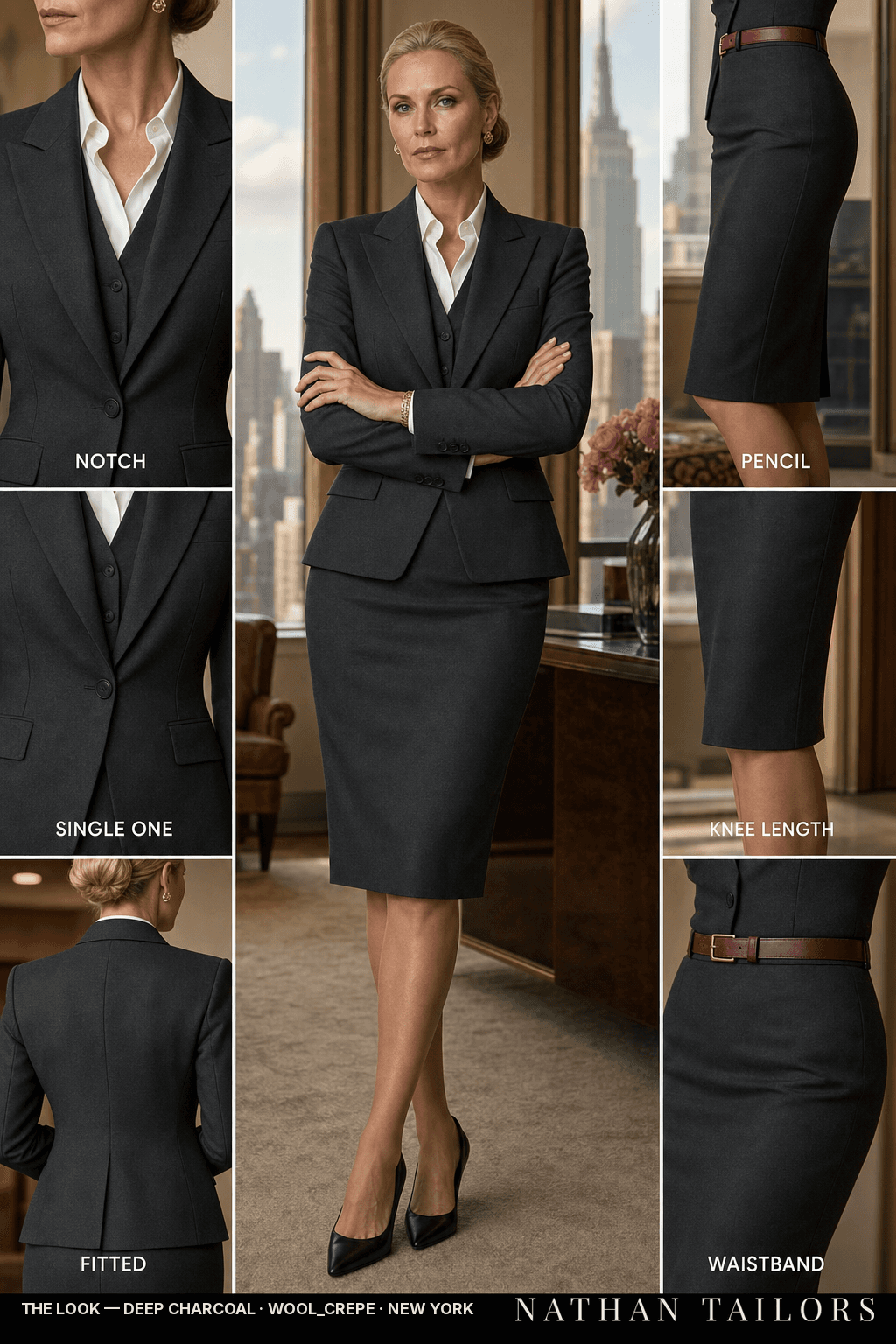 Women's suit in deep charcoal — custom tailored by Nathan Tailors, shipped worldwide