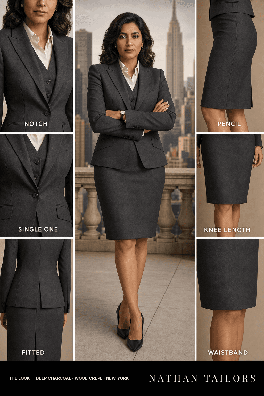 Women's suit in deep charcoal — custom tailored by Nathan Tailors, shipped worldwide