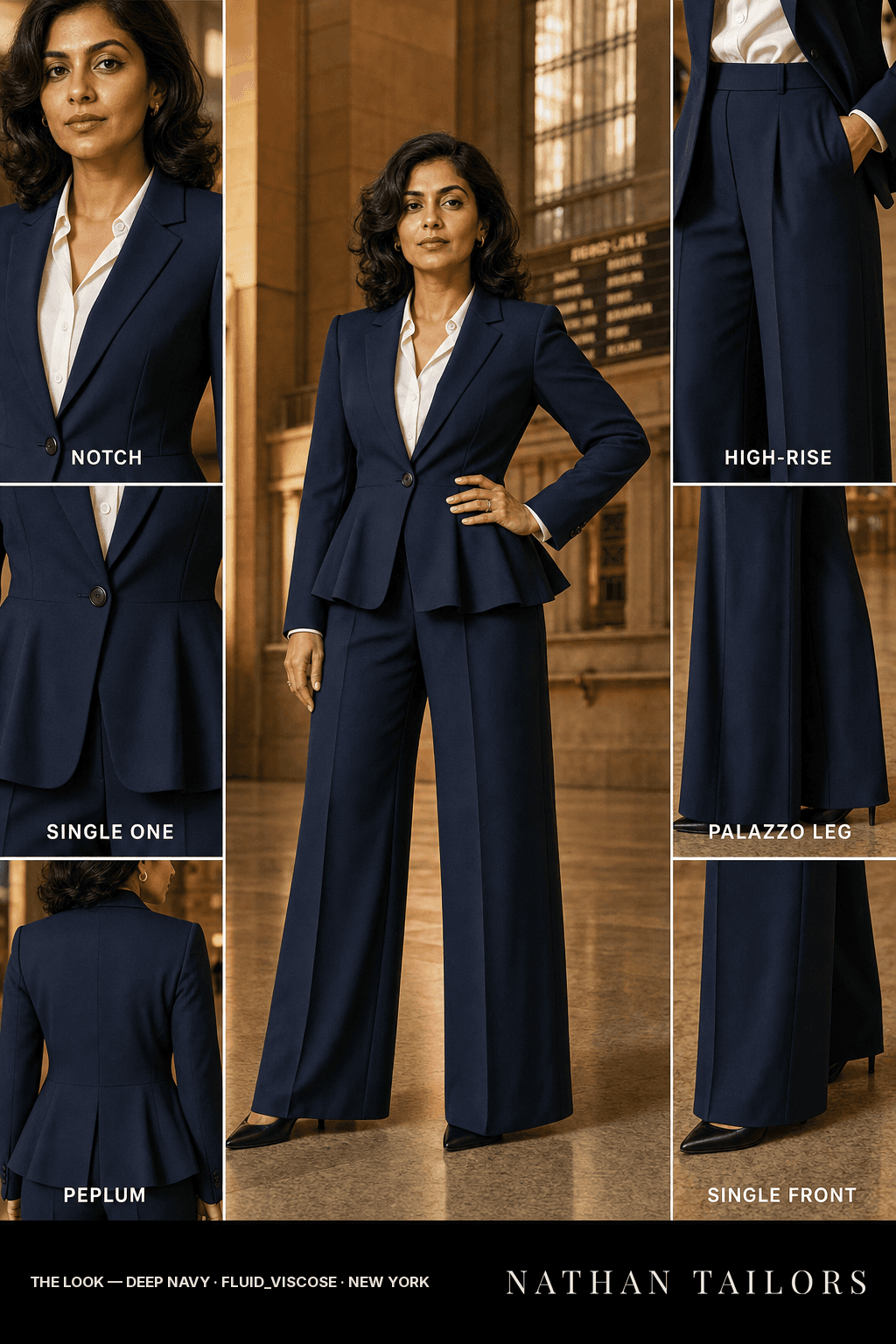 Women's suit in deep navy — custom tailored by Nathan Tailors, shipped worldwide