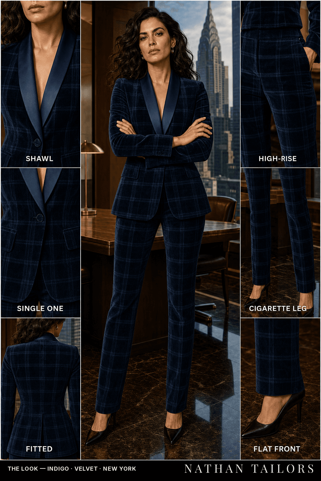 Women's suit in indigo check_plaid — custom tailored by Nathan Tailors, shipped worldwide