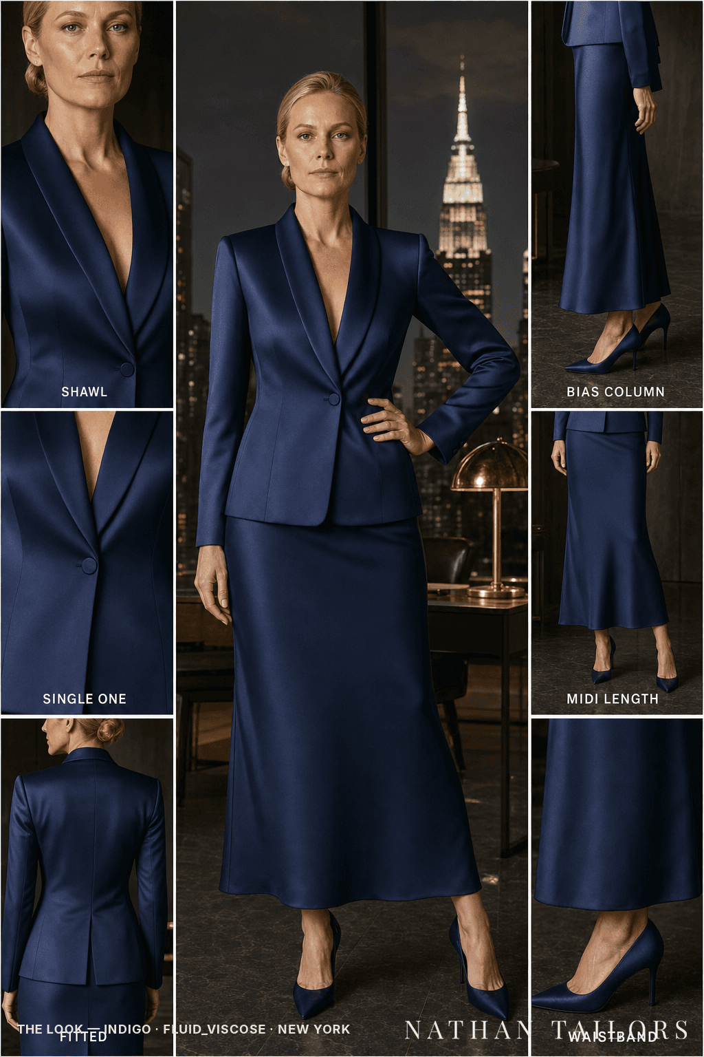 fitted women's skirt suit in indigo — AI-rendered by Nathan Tailors, made to measure for women and shipped worldwide.
