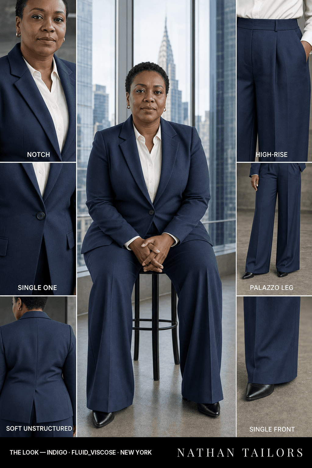 Women's suit in indigo — custom tailored by Nathan Tailors, shipped worldwide