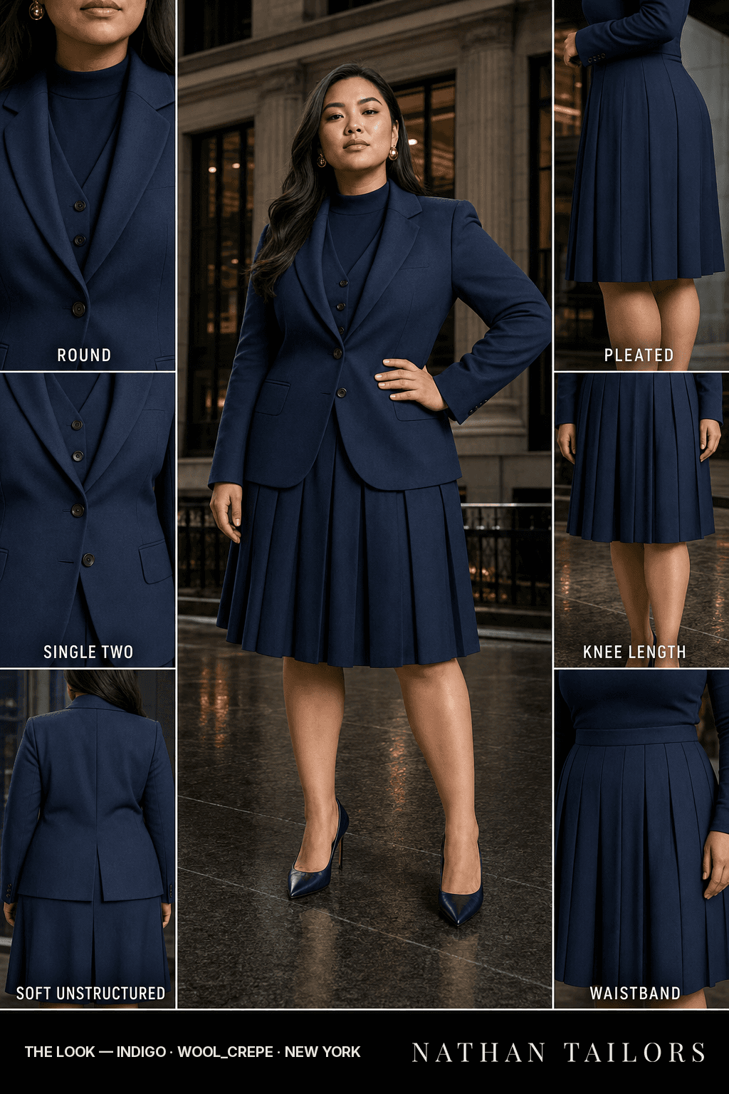 soft unstructured women's skirt suit in indigo — AI-rendered by Nathan Tailors, made to measure for women and shipped worldwide.