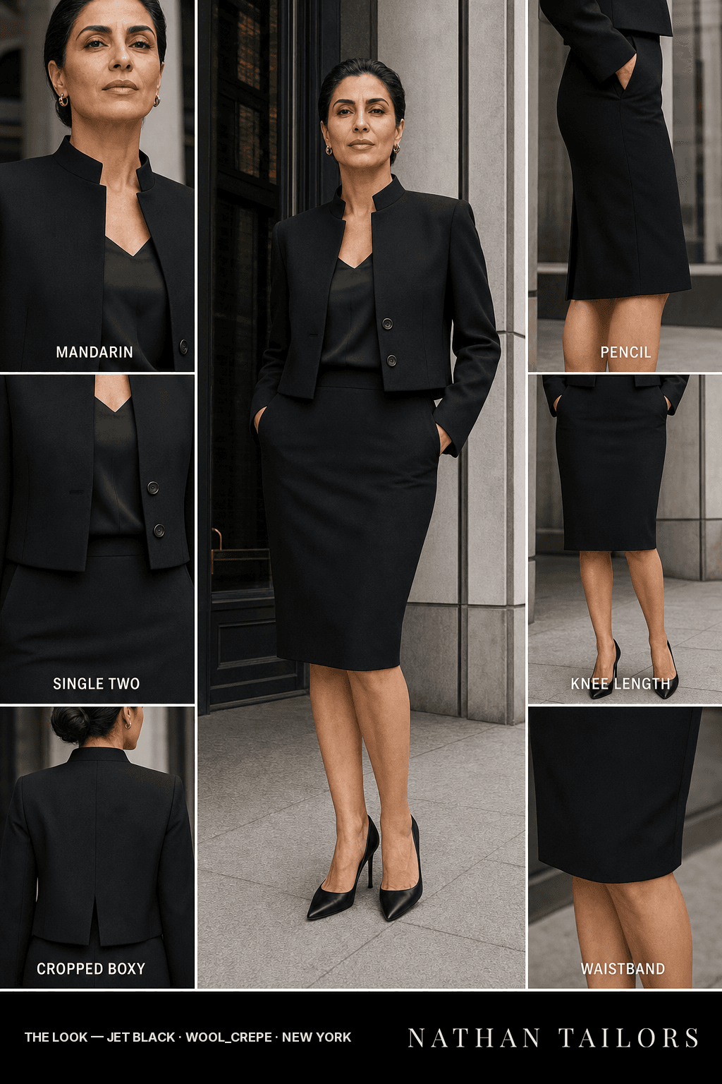 cropped boxy women's skirt suit in jet black — AI-rendered by Nathan Tailors, made to measure for women and shipped worldwide.