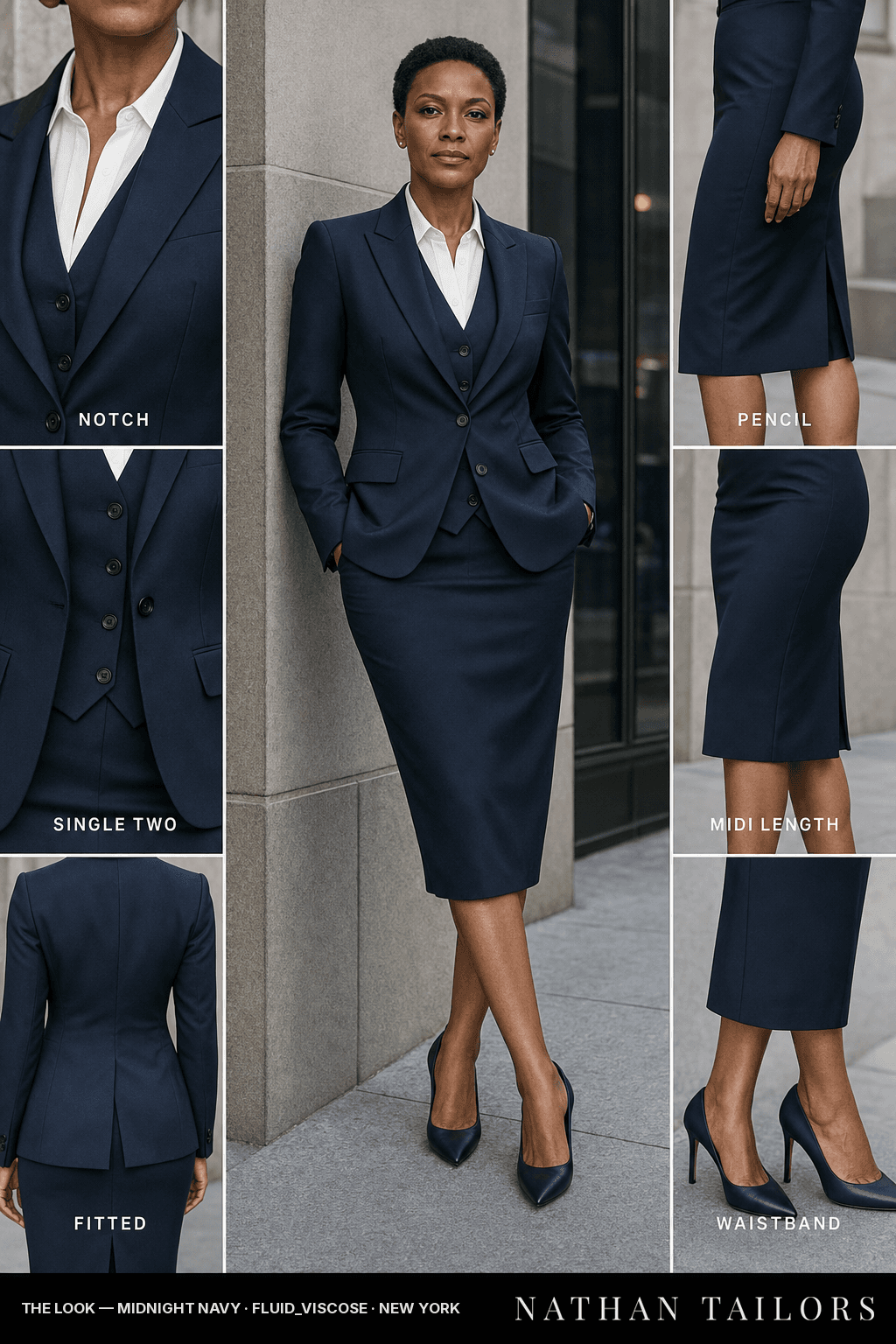 fitted women's skirt suit in midnight navy — AI-rendered by Nathan Tailors, made to measure for women and shipped worldwide.