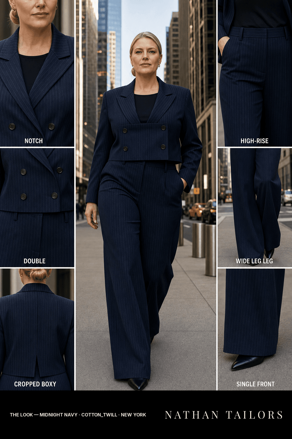 cropped boxy pinstripe women's pant suit in midnight navy — AI-rendered by Nathan Tailors, made to measure for women and shipped worldwide.