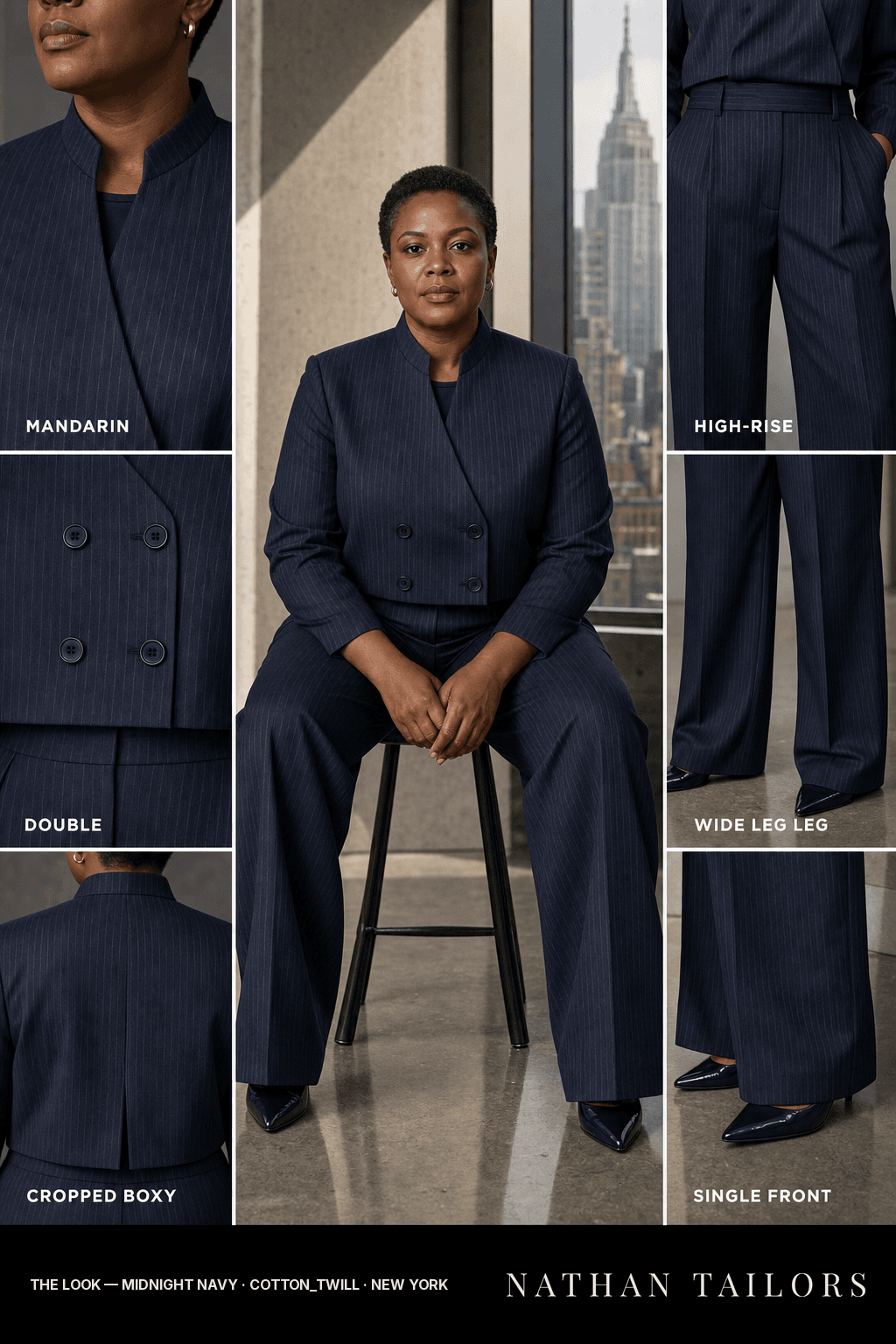 Women's suit in midnight navy pinstripe — custom tailored by Nathan Tailors, shipped worldwide