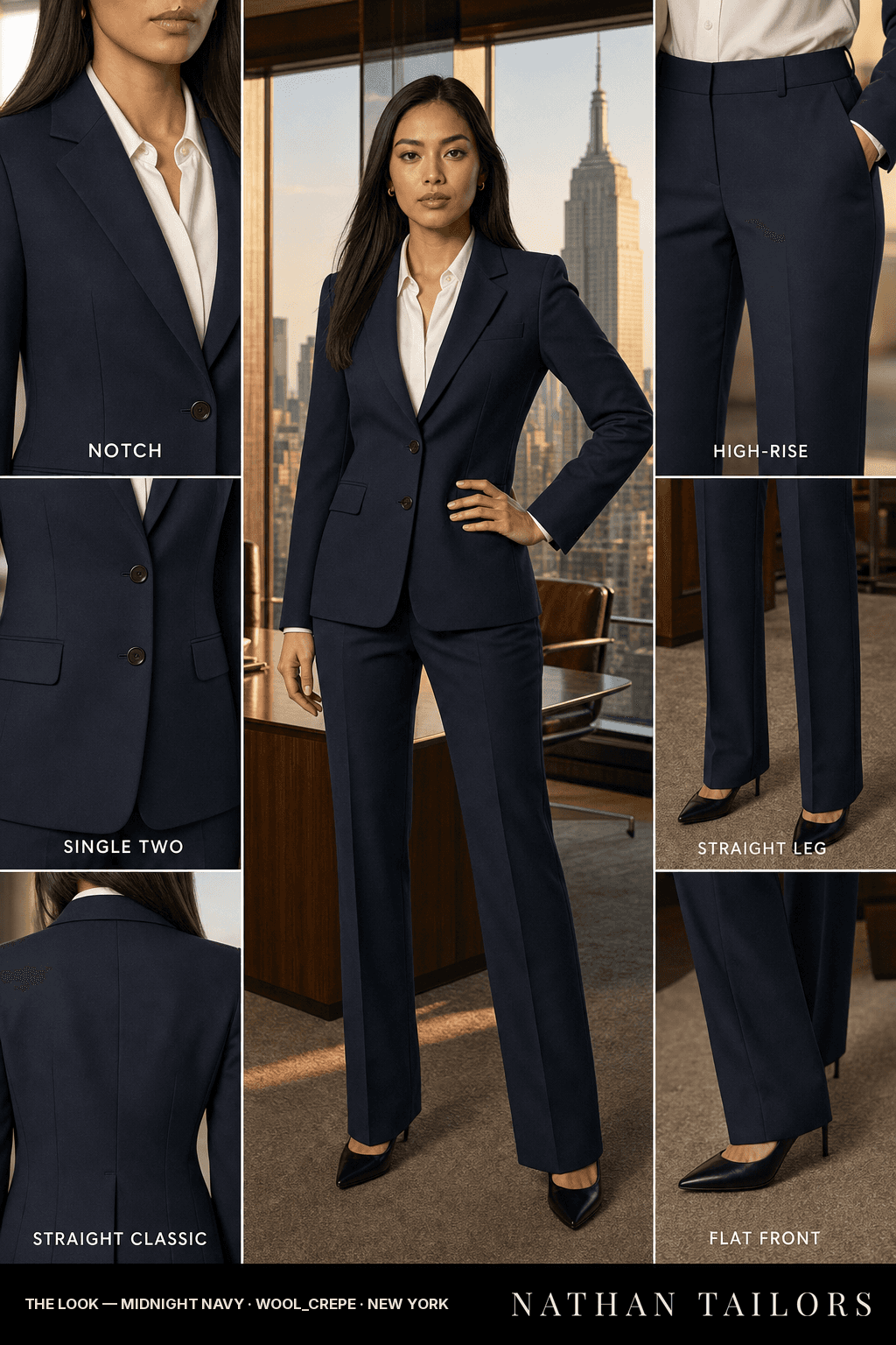 straight classic women's pant suit in midnight navy — AI-rendered by Nathan Tailors, made to measure for women and shipped worldwide.