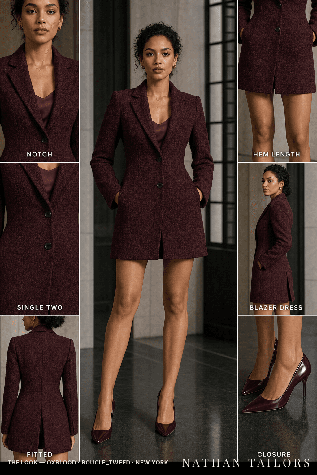 Women's suit in oxblood — custom tailored by Nathan Tailors, shipped worldwide