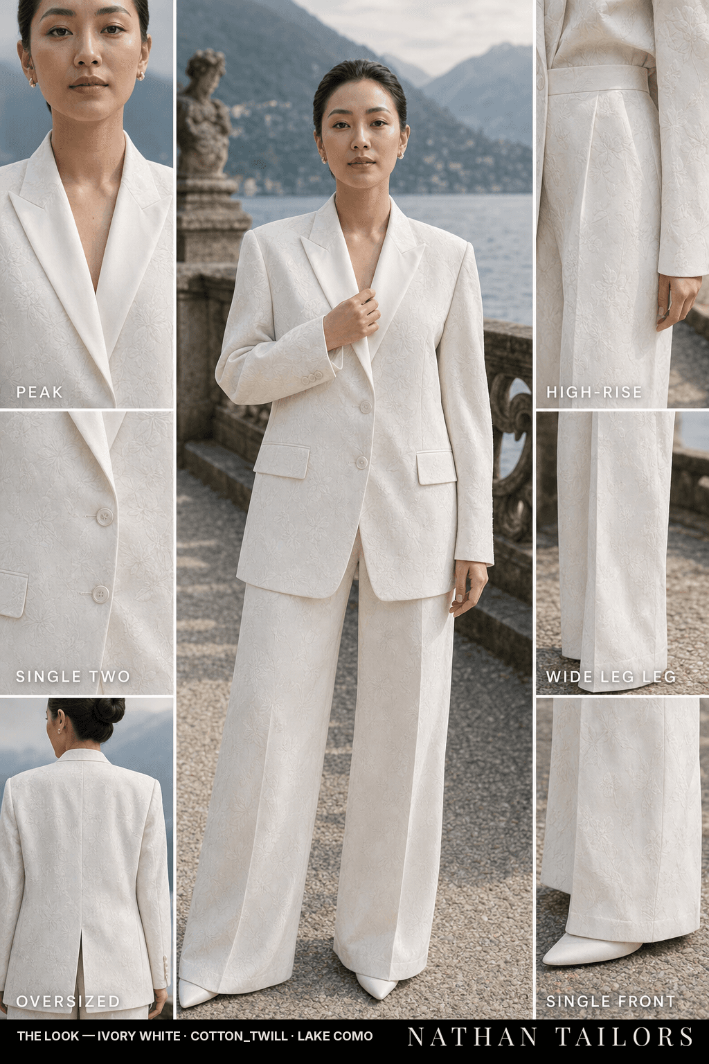 oversized floral jacquard women's pant suit in ivory white — AI-rendered by Nathan Tailors, made to measure for women and shipped worldwide.