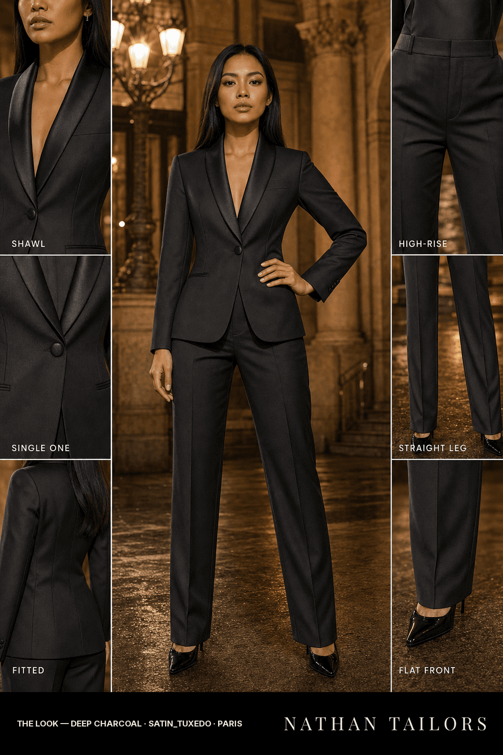 fitted women's pant suit in deep charcoal — AI-rendered by Nathan Tailors, made to measure for women and shipped worldwide.