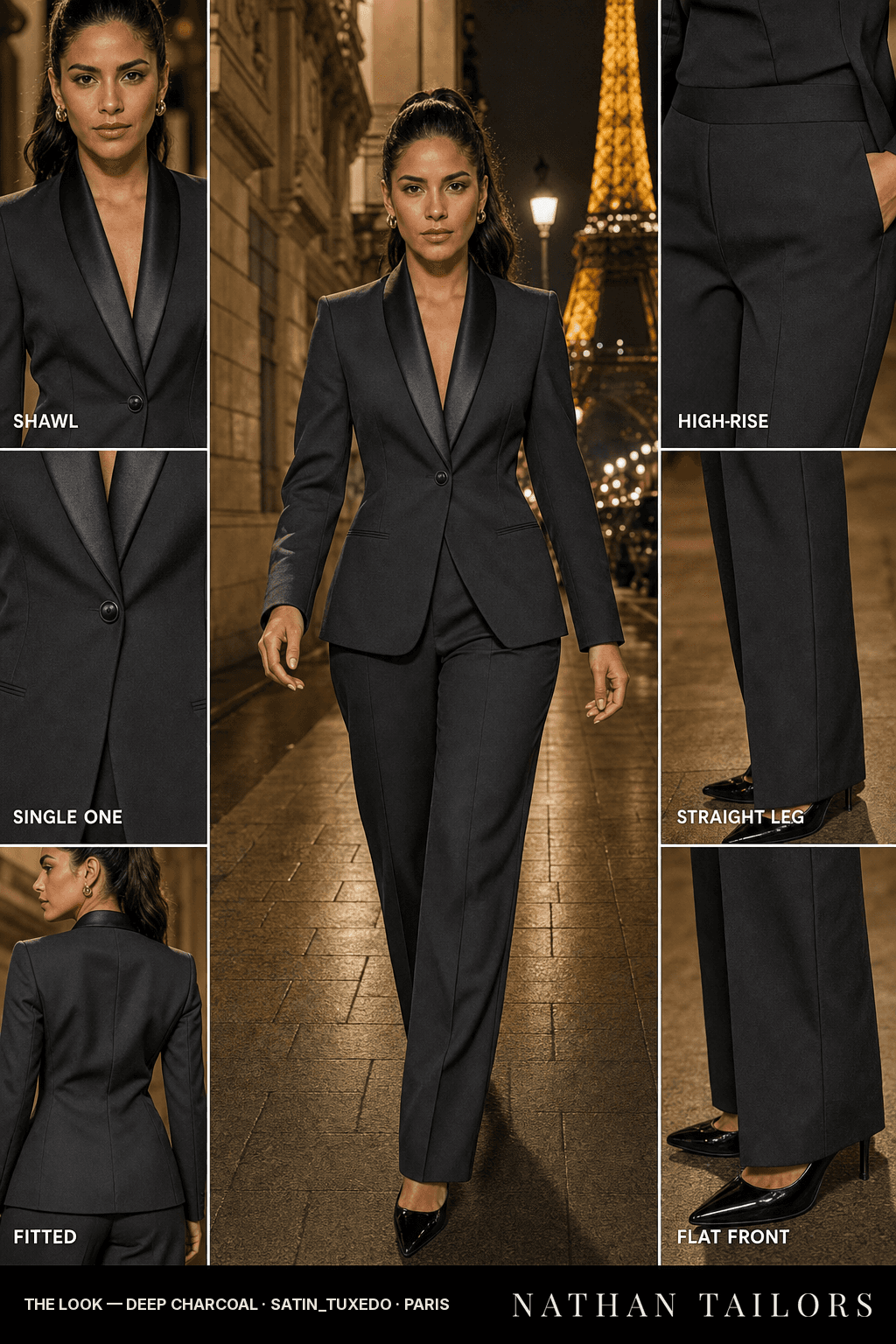 fitted women's pant suit in deep charcoal — AI-rendered by Nathan Tailors, made to measure for women and shipped worldwide.