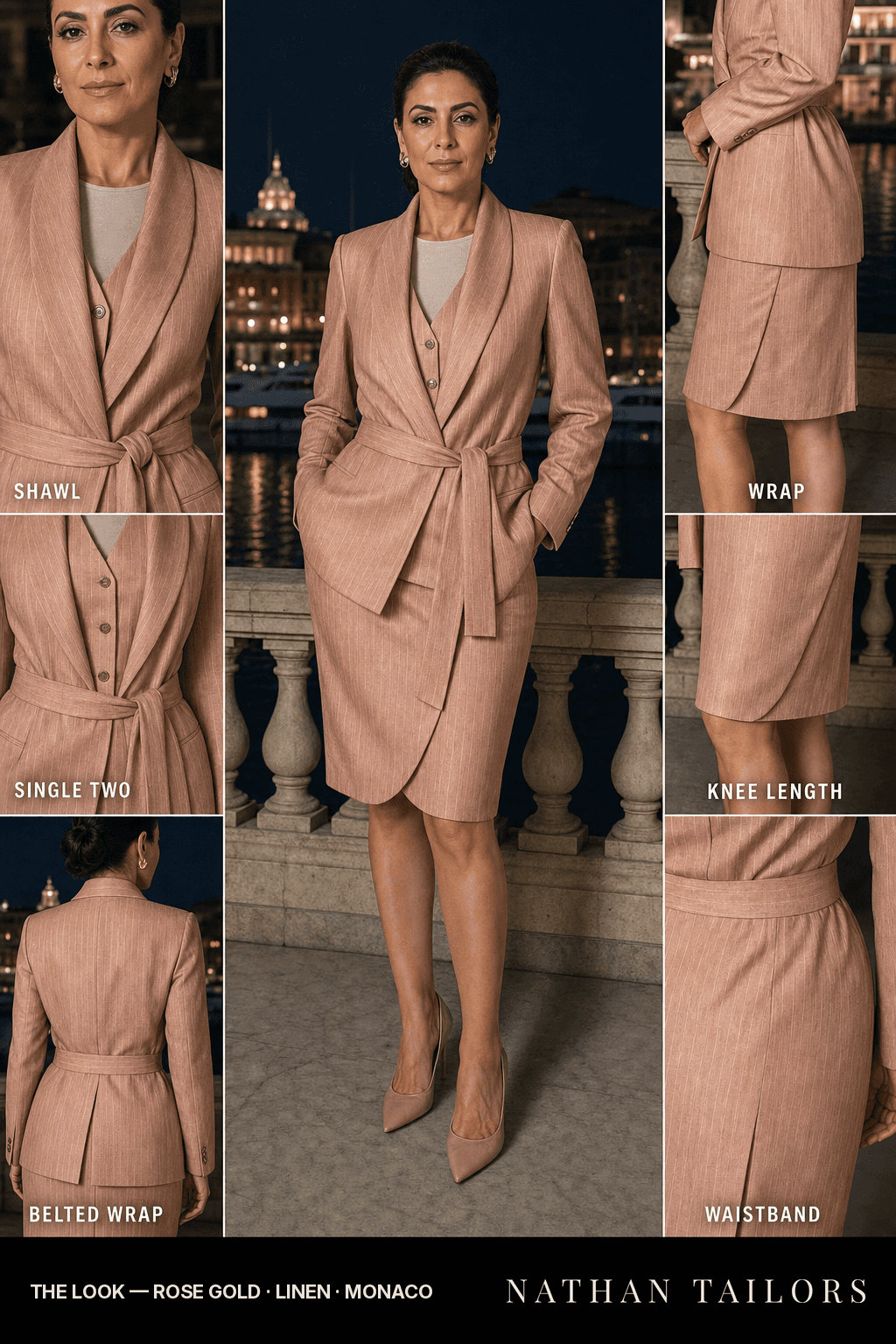 Women's suit in rose gold pinstripe — custom tailored by Nathan Tailors, shipped worldwide