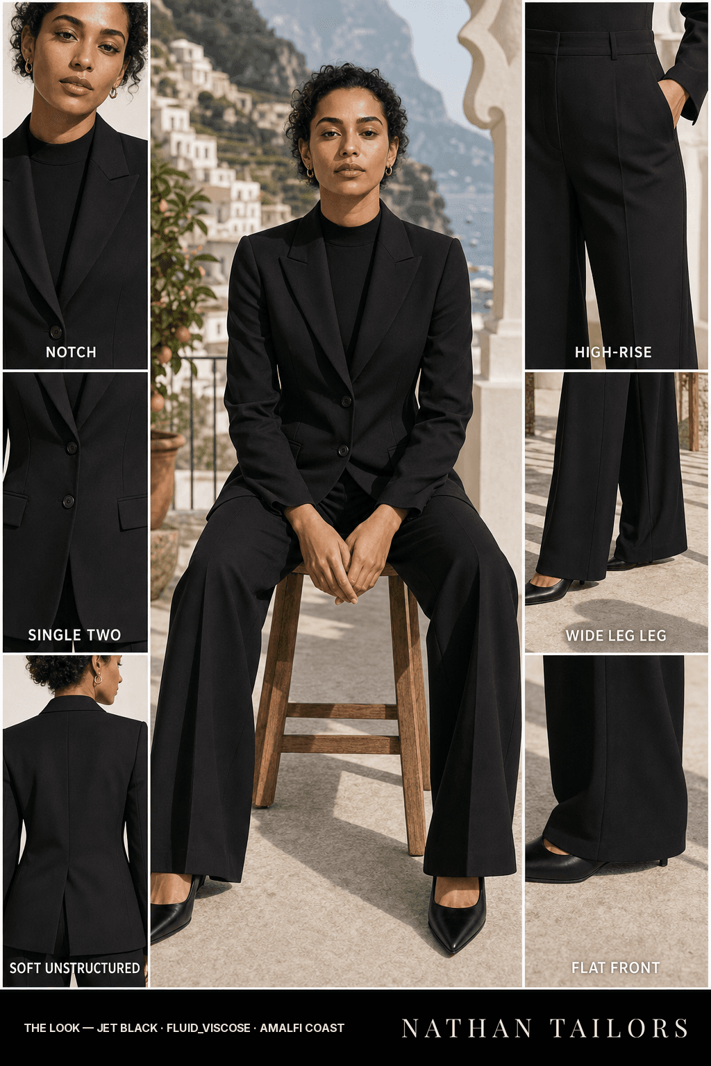 soft unstructured women's pant suit in jet black — AI-rendered by Nathan Tailors, made to measure for women and shipped worldwide.