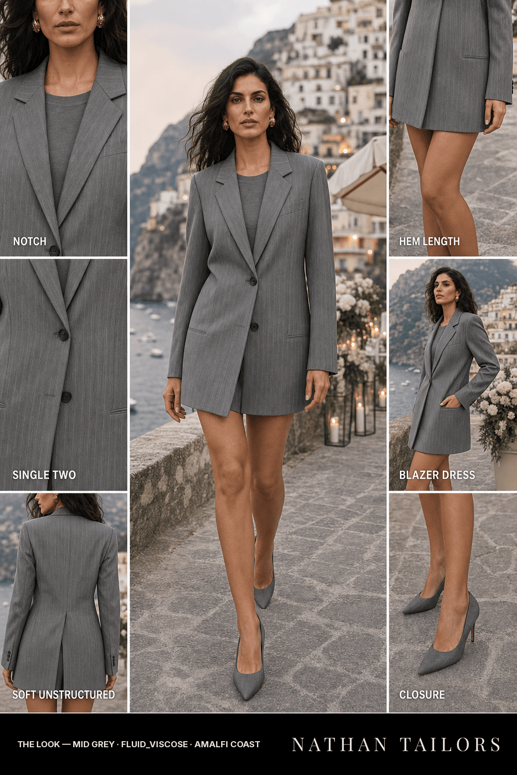 soft unstructured pinstripe women's blazer dress in mid grey — AI-rendered by Nathan Tailors, made to measure for women and shipped worldwide.