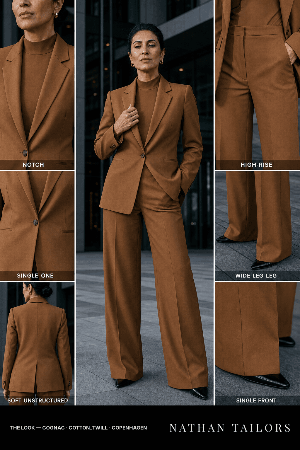 Women's suit in cognac — custom tailored by Nathan Tailors, shipped worldwide