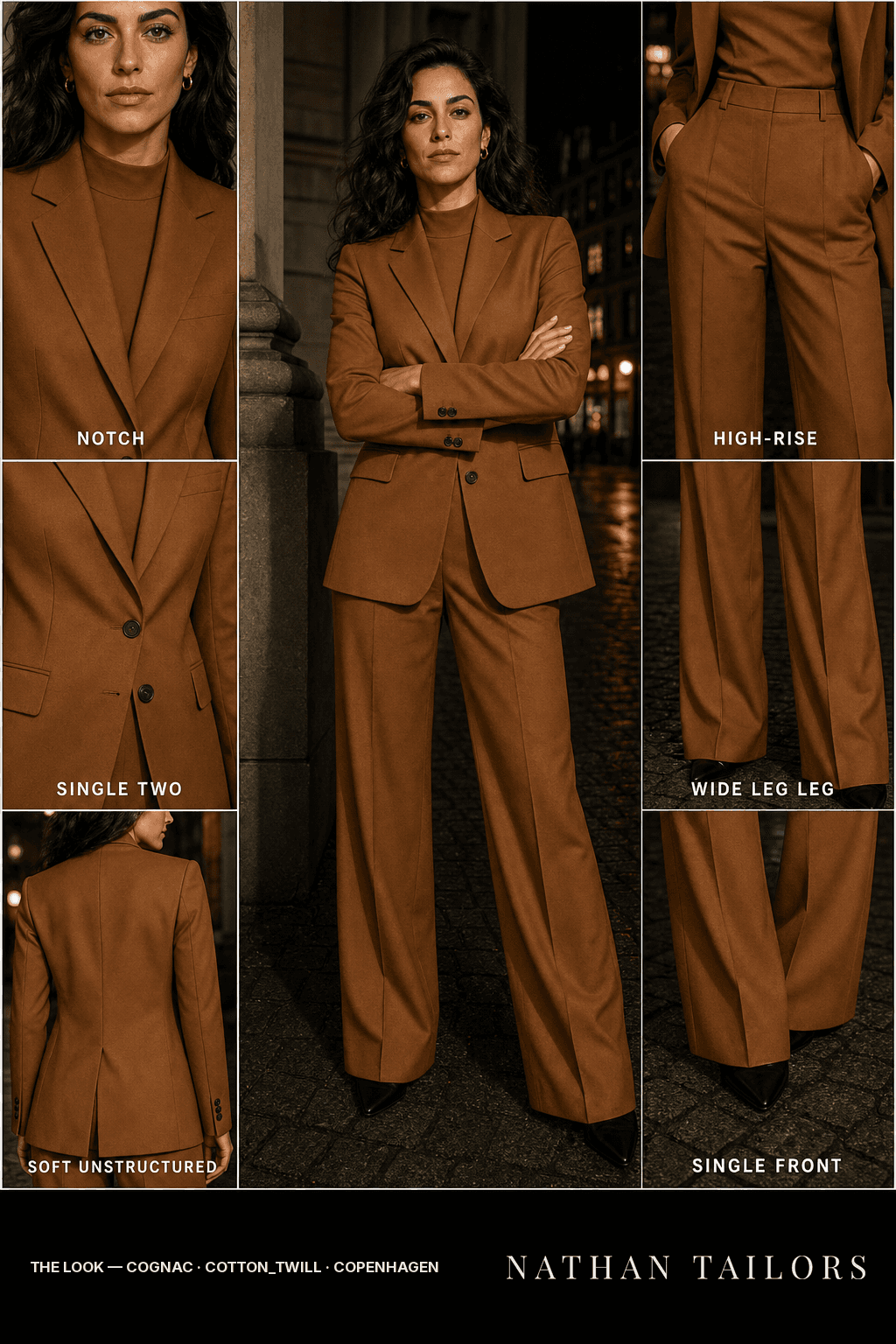 Women's suit in cognac — custom tailored by Nathan Tailors, shipped worldwide