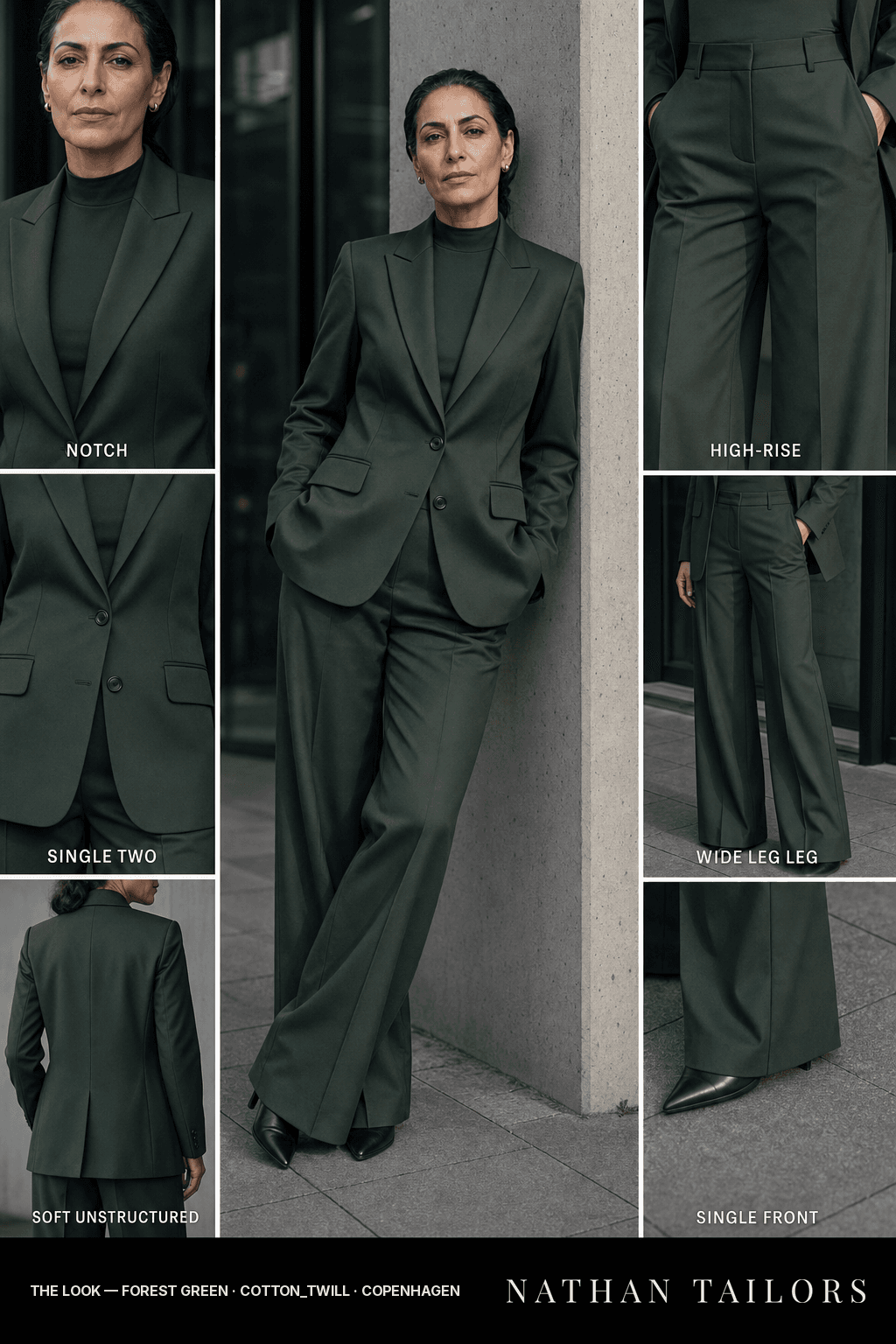Women's suit in forest green — custom tailored by Nathan Tailors, shipped worldwide