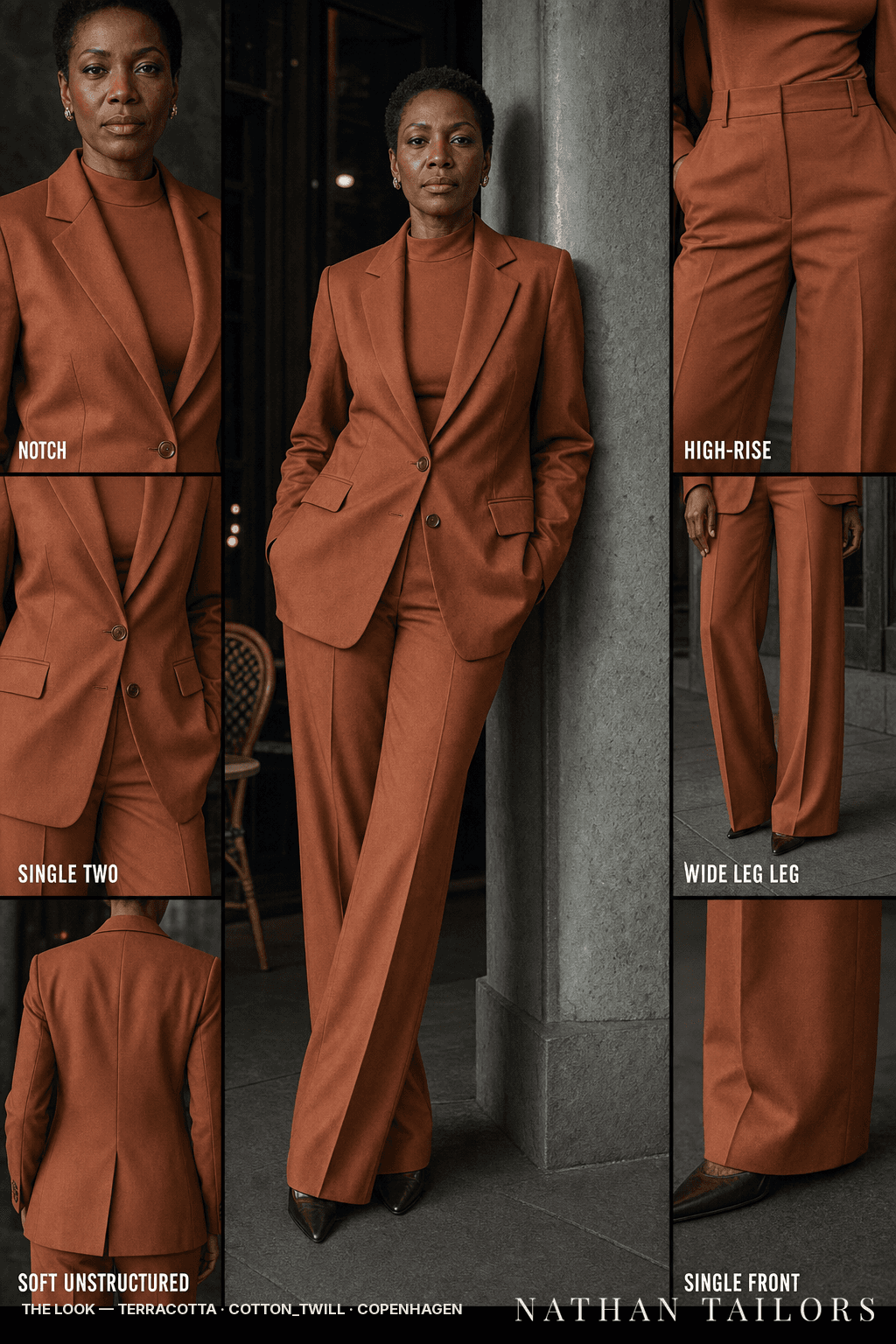 Women's suit in terracotta — custom tailored by Nathan Tailors, shipped worldwide